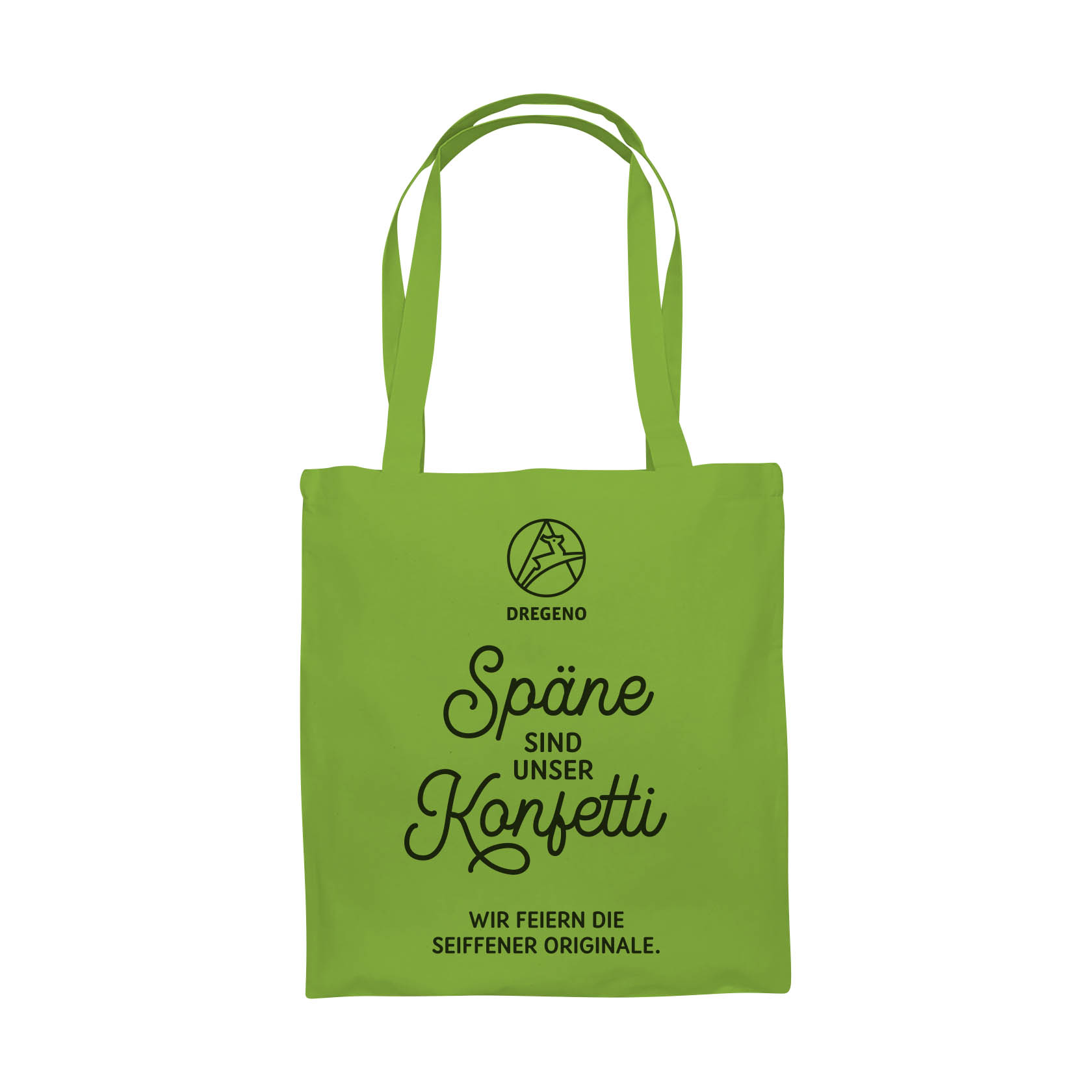 Grüne Stofftragetasche mit der Aufschrift 'Späne sind unser Konfetti. Wir feiern die Seiffener Originale.' und einem Logo mit der Aufschrift 'DREGENO'. im Dregeno Online Shop günstig kaufen