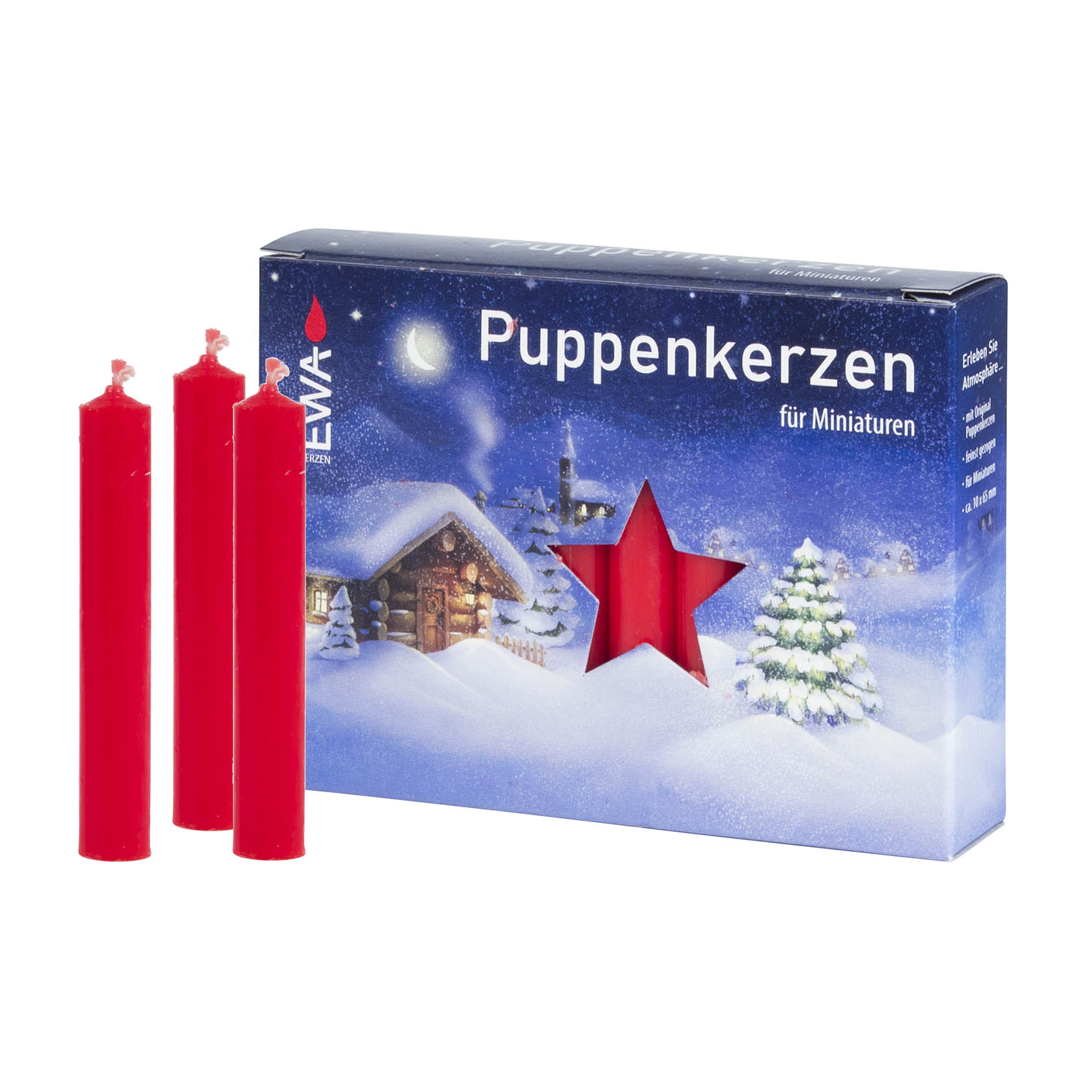 Verpackung mit der Aufschrift 'Puppenkerzen' und rotem Sternfenster, daneben drei rote Kerzen. im Dregeno Online Shop günstig kaufen