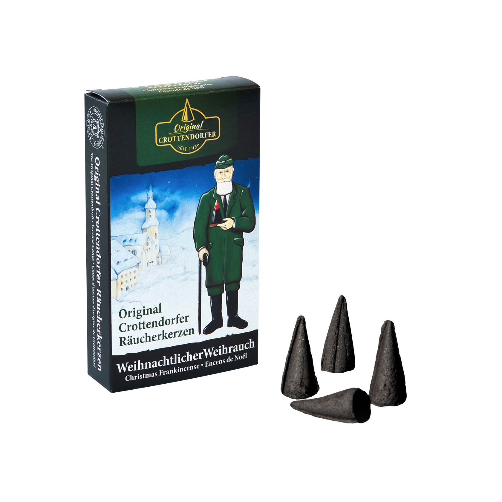 Packung Crottendorfer Räucherkerzen mit Motiv eines Mannes in traditioneller Tracht. Vier Räucherkerzen in Kegelform, eine davon angezündet. im Dregeno Online Shop günstig kaufen