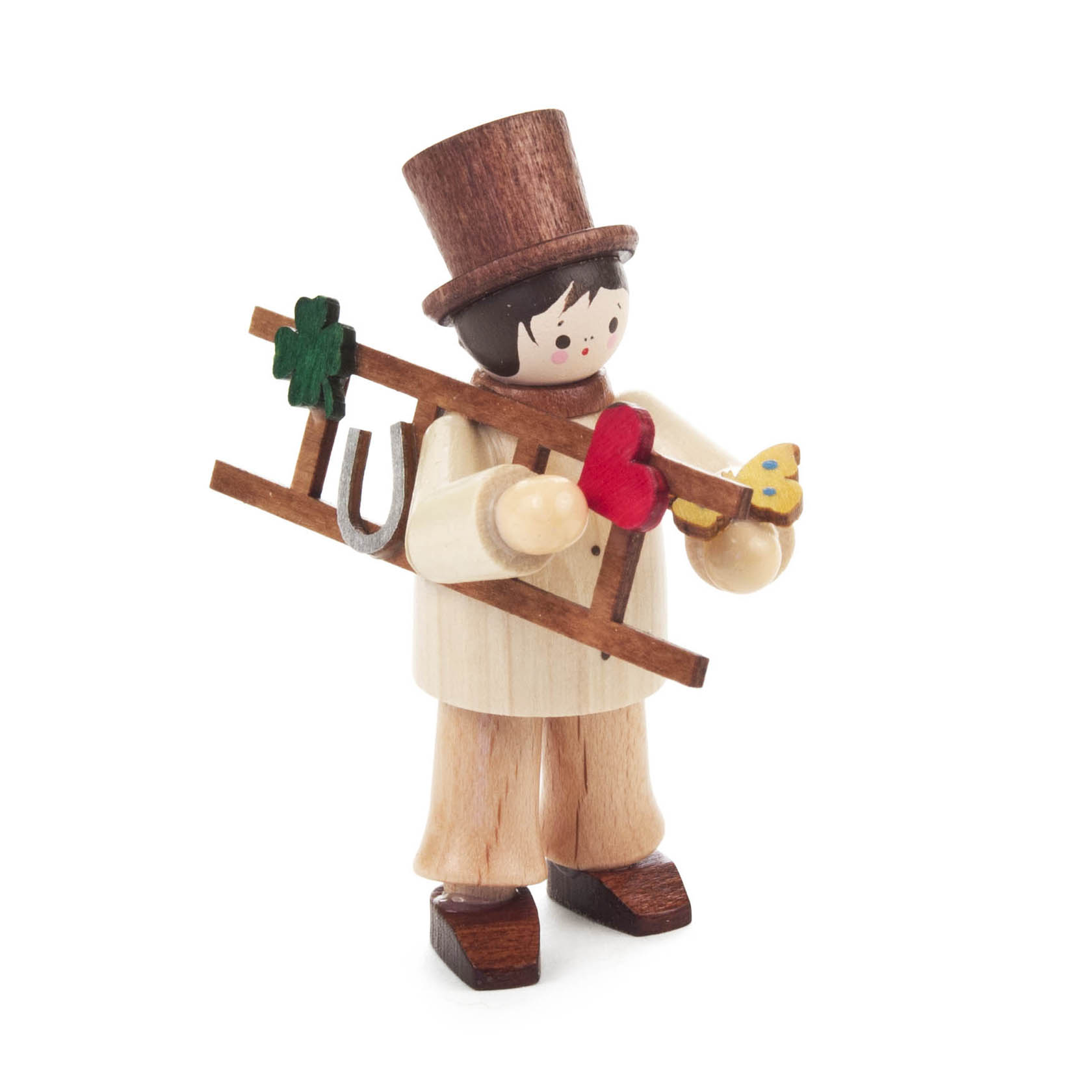 Holzfigur eines Schornsteinfegers mit Leiter, verziert mit Kleeblatt, Hufeisen und Schmetterling. im Dregeno Online Shop günstig kaufen