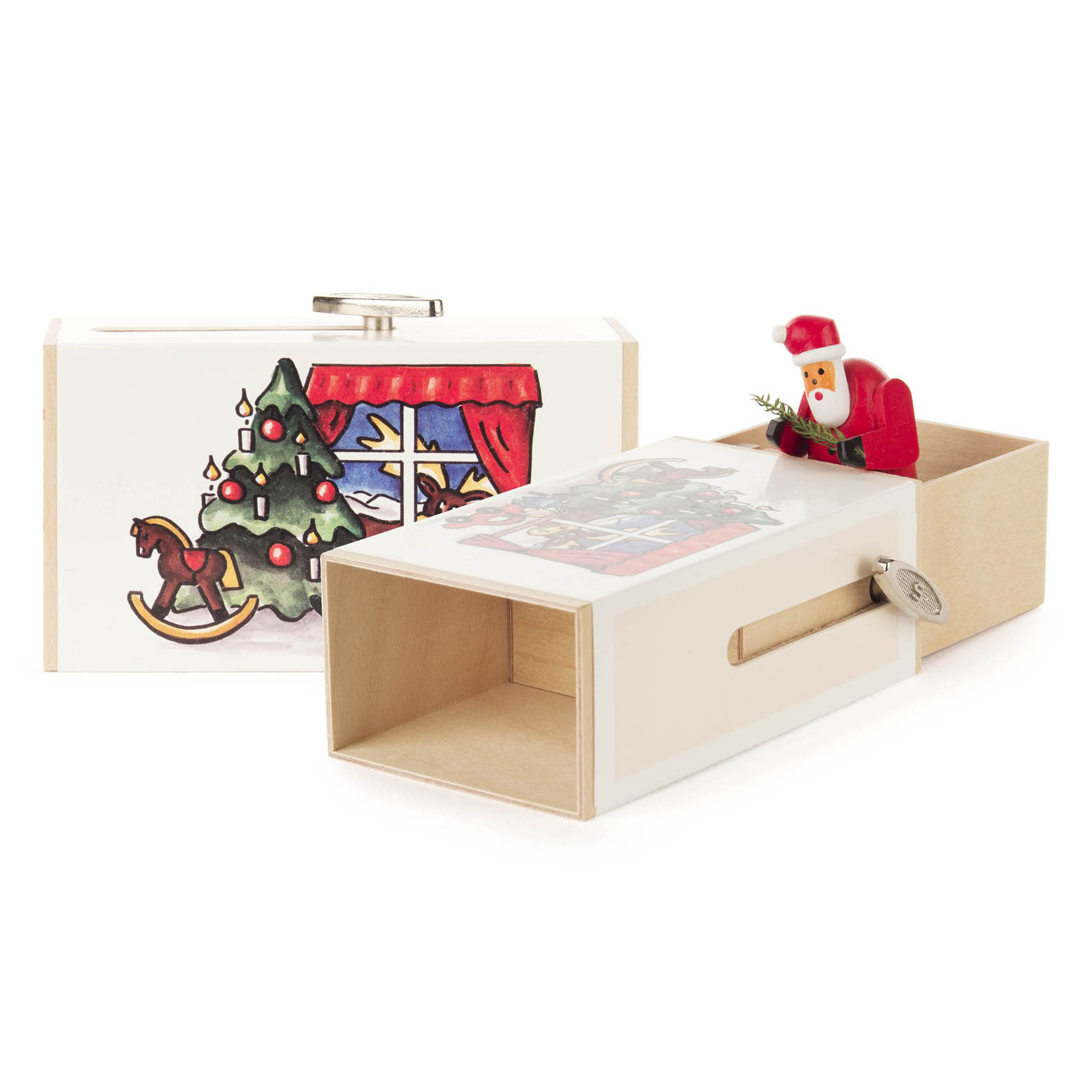 Holzschiebebox mit Weihnachtskinderdesign und herausziehbarem Schlitten mit Weihnachtsmannfigur. Spielt bei Öffnung die Melodie 'Oh Tannenbaum'. im Dregeno Online Shop günstig kaufen