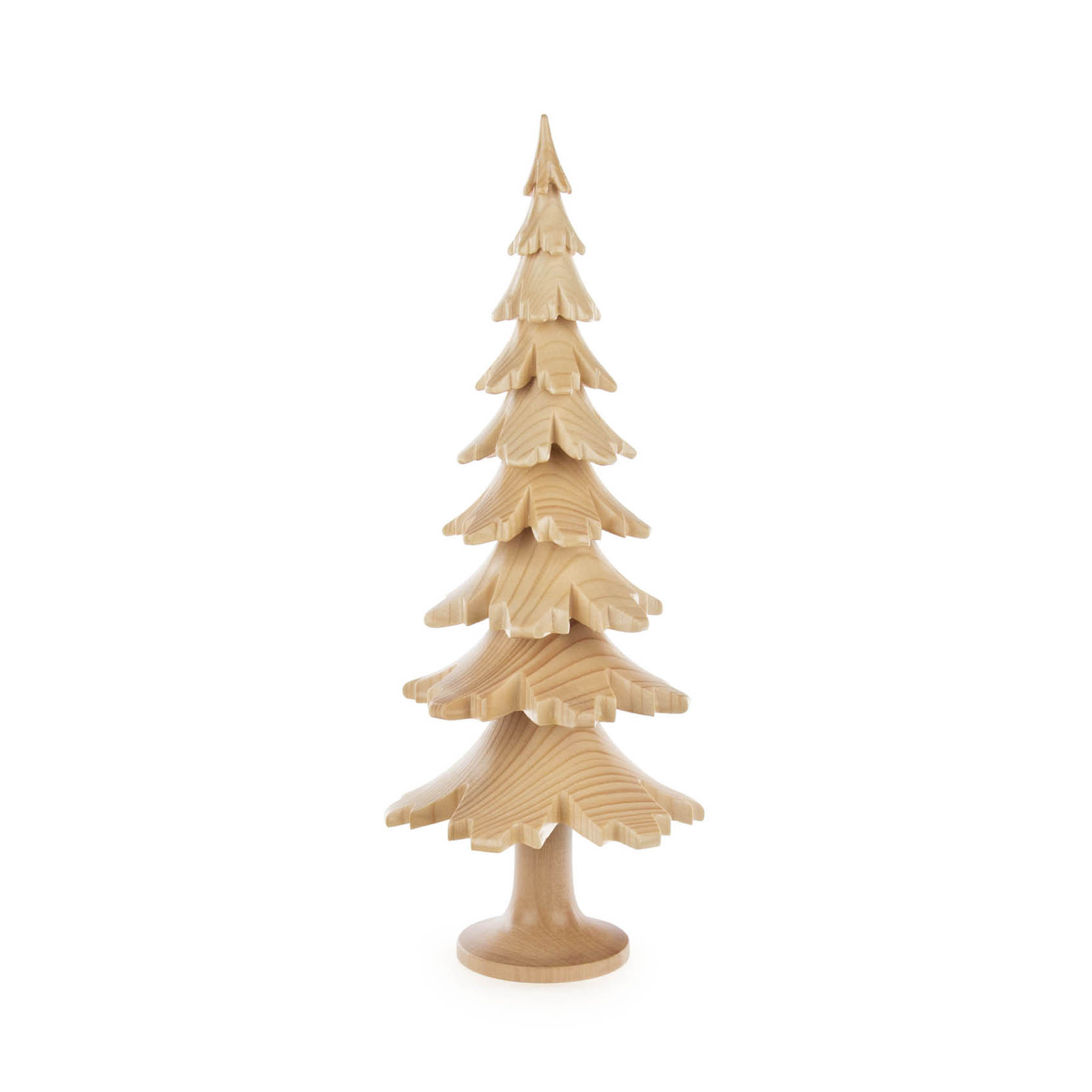 Ein dekorativer Baum aus naturbelassenem Massivholz, etwa 29 cm hoch, mit mehreren Lagen von geschwungenen Ästen, die an eine Tannenform erinnern. im Dregeno Online Shop günstig kaufen