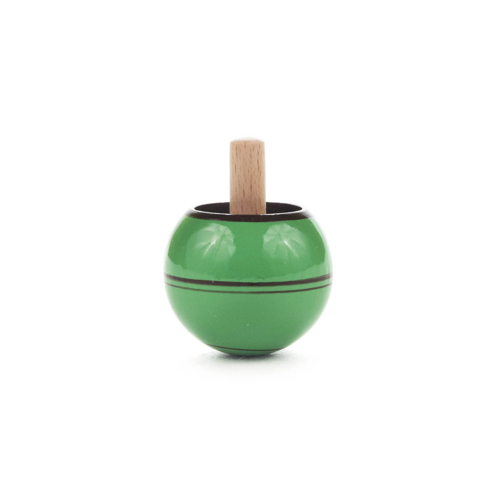 Grüner Steh-Auf-Kreisel mit einem Holzstab in der Mitte und schwarzen Streifen entlang des Durchmessers. im Dregeno Online Shop günstig kaufen