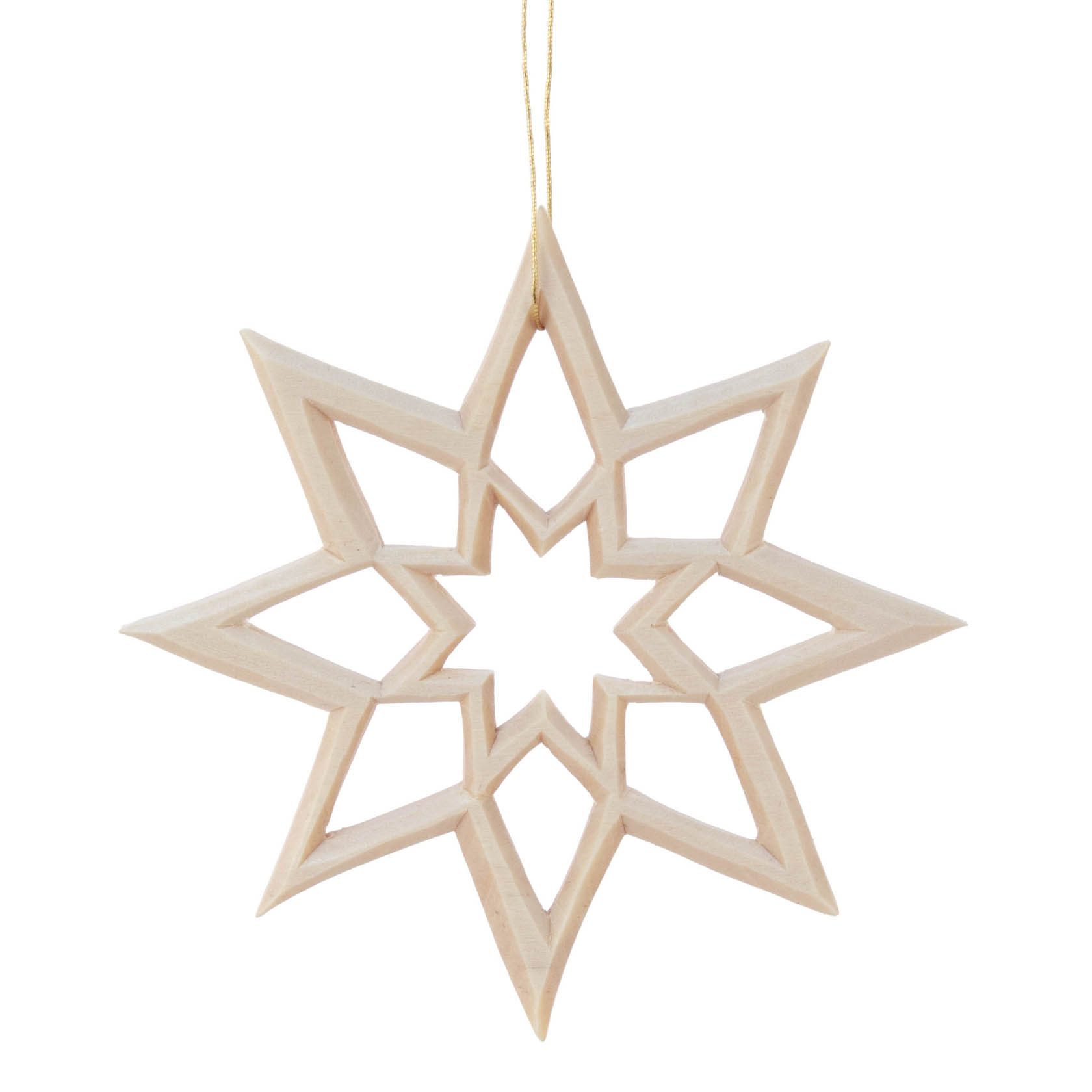 Ein geschnitzter Holzstern mit einem detaillierten, symmetrisch gefächerten Design und einem goldenen Aufhänger. im Dregeno Online Shop günstig kaufen