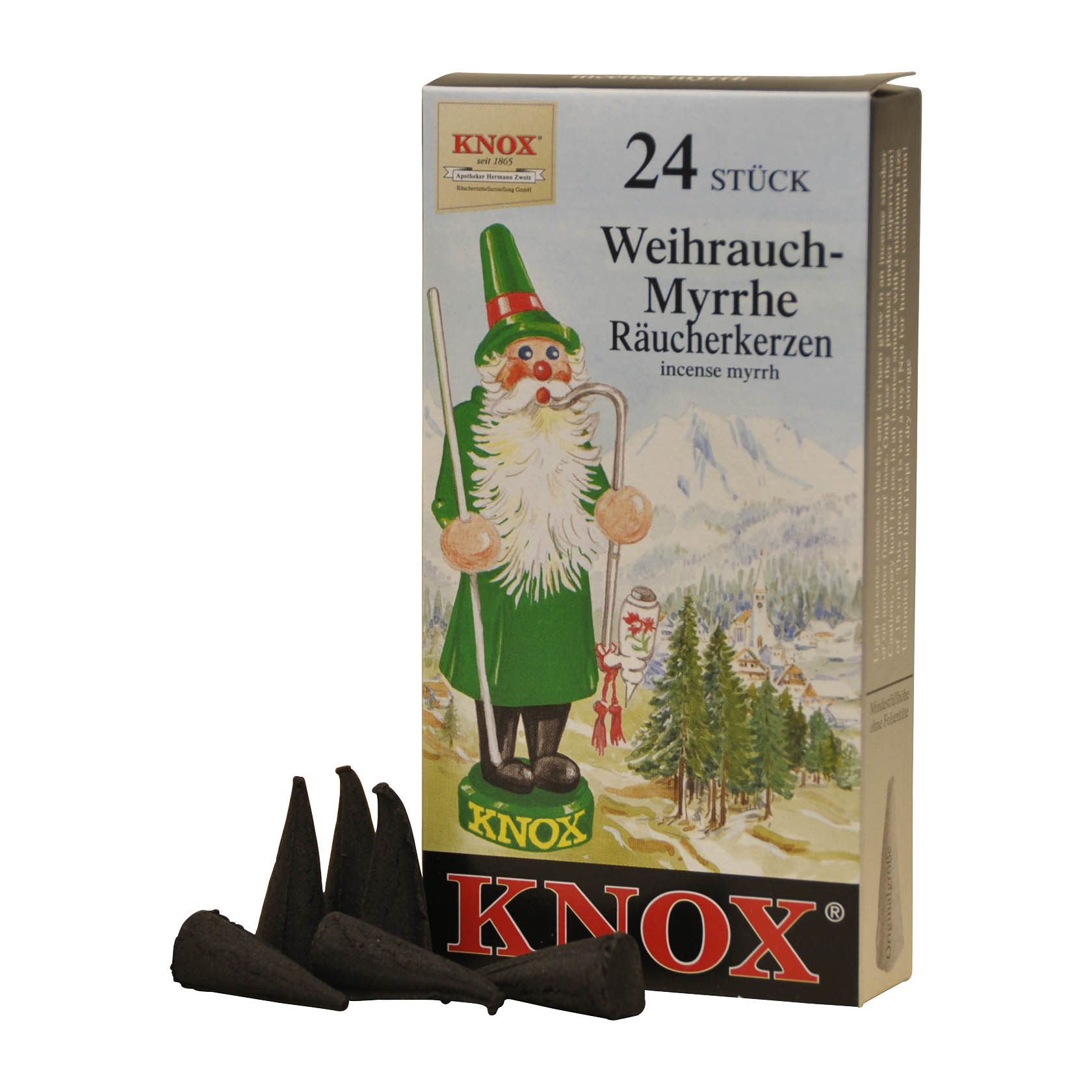 Verpackung von KNOX Räucherkerzen mit Illustration eines Weihnachtsmanns in grüner Kleidung. Vier schwarze konische Räucherkerzen, eine mit Rauch, davor. im Dregeno Online Shop günstig kaufen