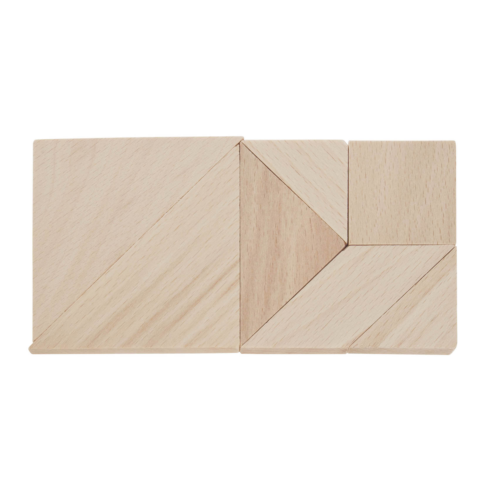 Ein Tangram-Set in natürlicher Holzfarbe, bestehend aus sieben Teilen: zwei große Dreiecke, ein mittleres Dreieck, zwei kleine Dreiecke, ein Quadrat und ein Parallelogramm. im Dregeno Online Shop günstig kaufen