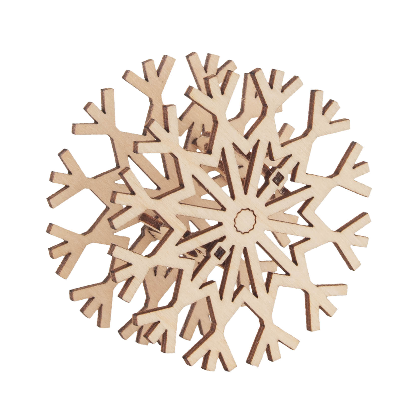 A wooden snowflake-shaped candle topper with intricate cut-out details.