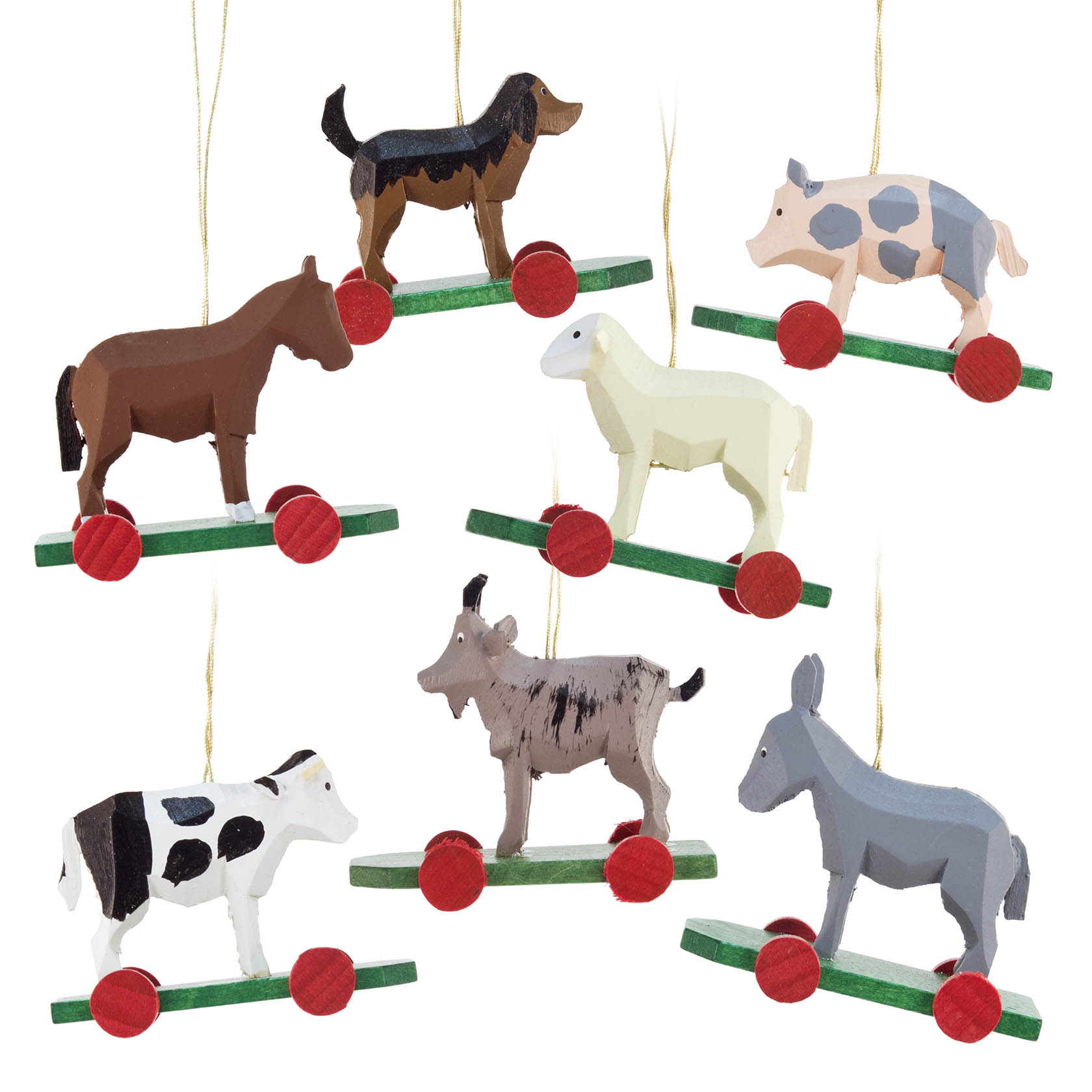 Sieben hölzerne Tieranhänger auf Rädern: Hund, Schwein, Pferd, Schaf, Ziege, Kuh und Esel, jeweils auf grüner Achse mit roten Rädern, an Goldfäden hängend. im Dregeno Online Shop günstig kaufen