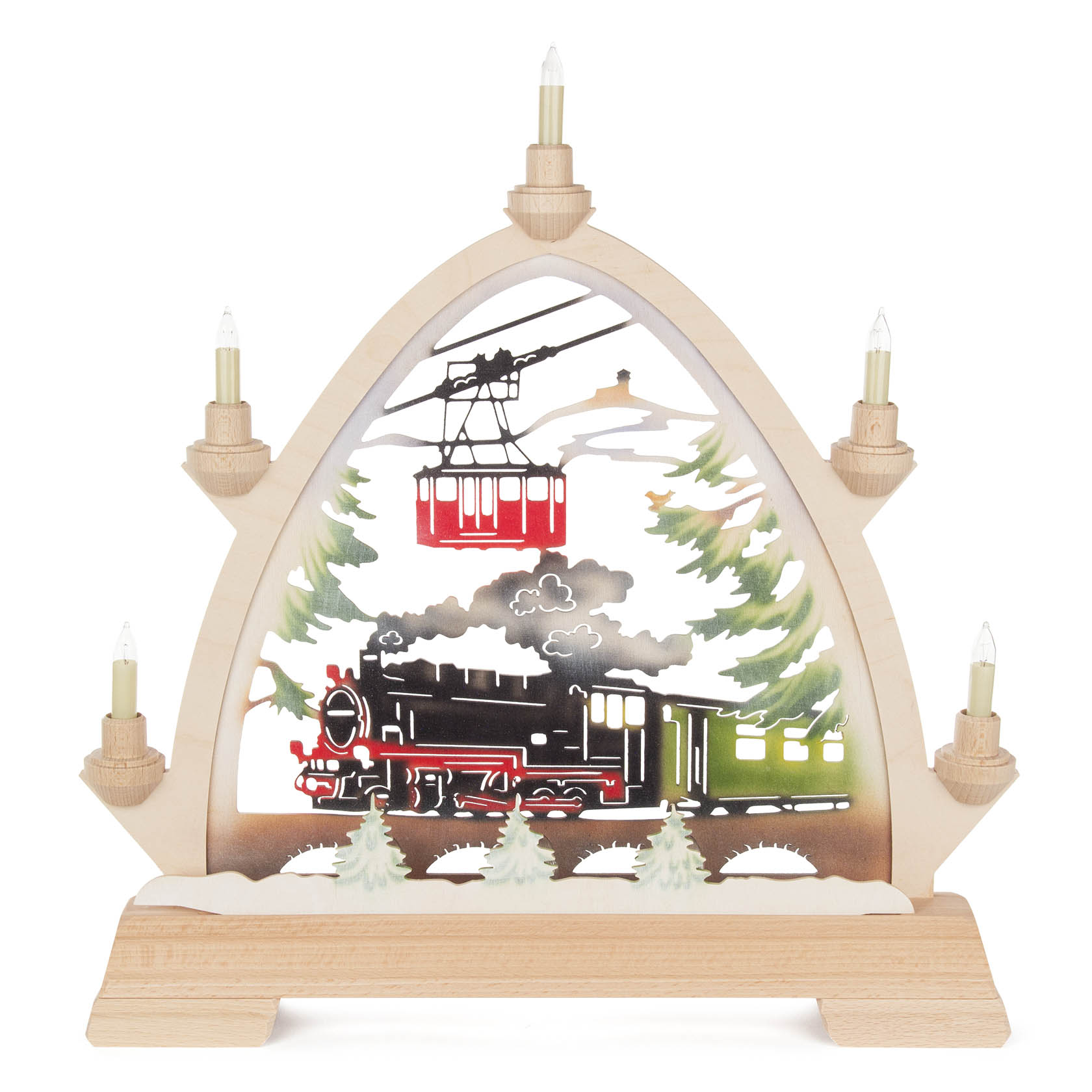 Ein gotischer Bogen aus Holz zeigt eine bunte Eisenbahn, die Fichtelbergbahn, mit beleuchteten Kleinschaftkerzen. Oberhalb schwebt eine rote Gondel. im Dregeno Online Shop günstig kaufen