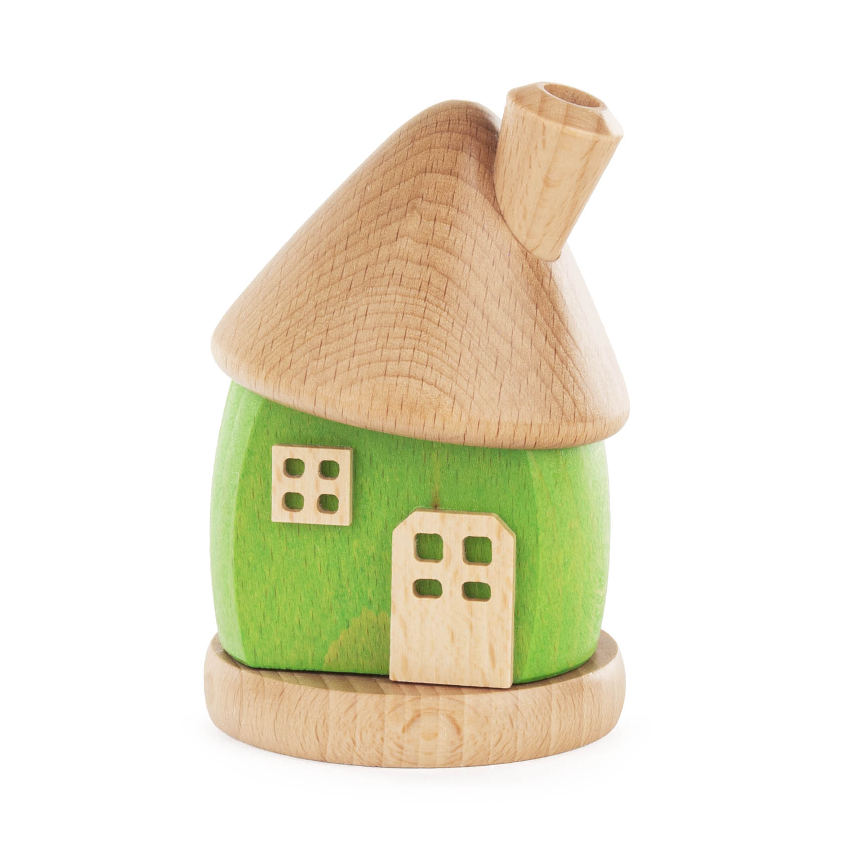 Ein kleines grünes Räucherhaus aus Holz mit einem runden Dach und Schornstein, steht auf einer Holzplatte. im Dregeno Online Shop günstig kaufen
