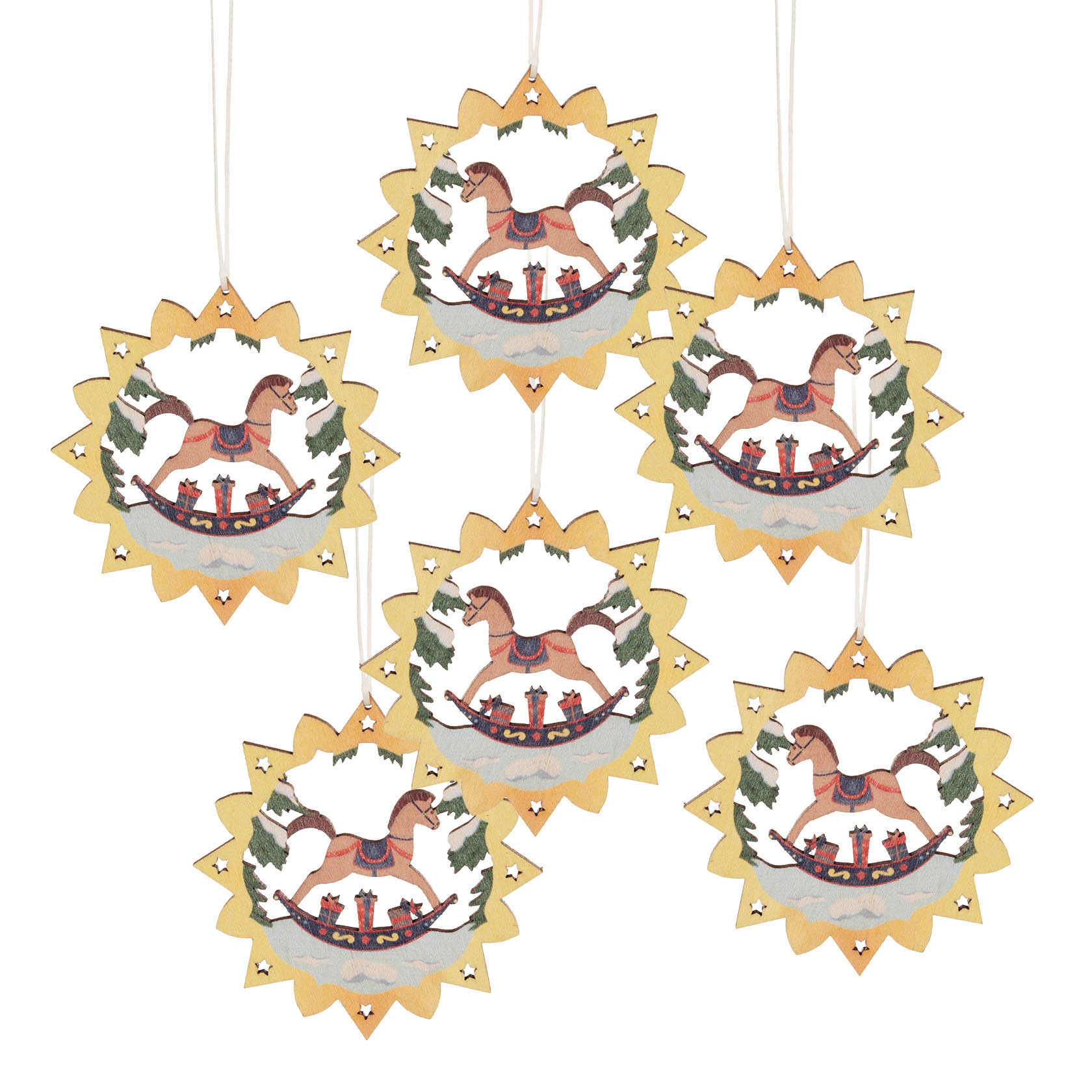 Six colorful rocking horse ornaments, each framed by a sunburst pattern, featuring a brown horse with gifts and small trees in the background. im Dregeno Online Shop günstig kaufen