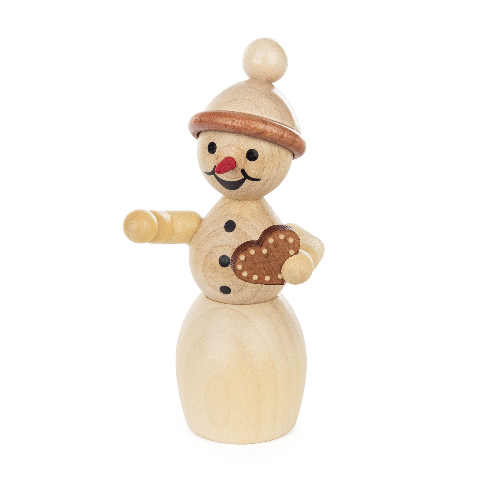 Holzschneefrau mit schwarzem Hut, orangefarbener Nase, Knöpfen und einem Lebkuchenherz in der rechten Hand. im Dregeno Online Shop günstig kaufen