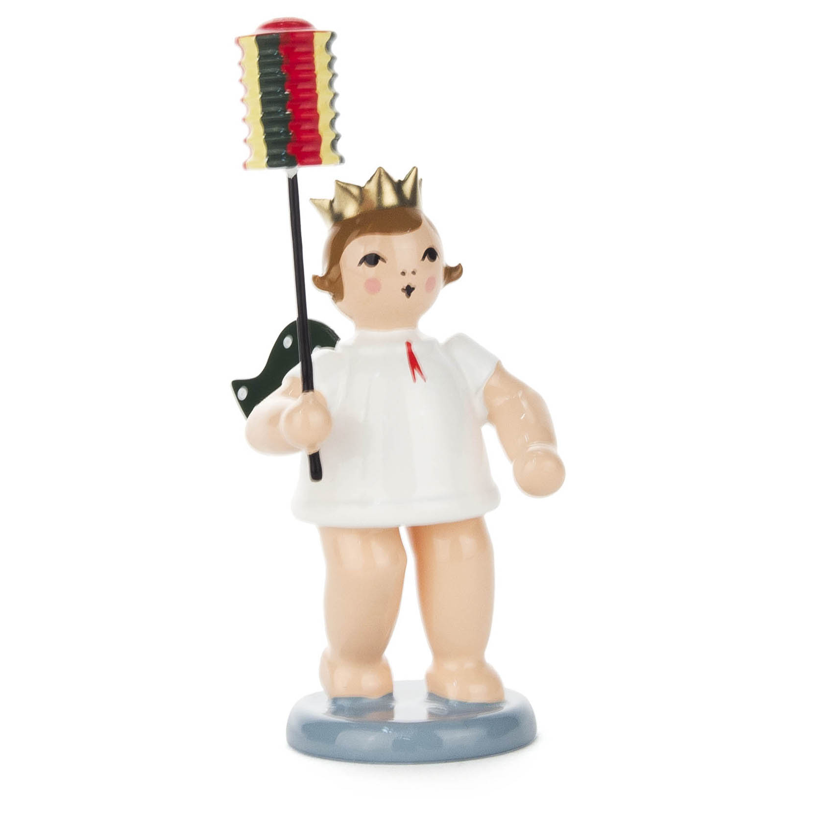 Kleine Engel-Figur mit goldener Krone hält bunte Laterne und steht auf grauem Sockel. Der Engel trägt ein weißes Gewand und hat einen Flügel. im Dregeno Online Shop günstig kaufen