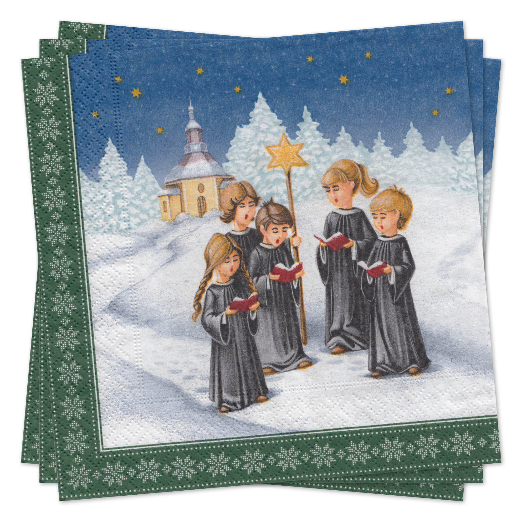 Fünf Kinder in schwarzen Gewändern, die wie Chorsänger gekleidet sind, stehen draußen im Schnee vor einer Kirche und singen aus roten Büchern. Eines hält einen Stern. im Dregeno Online Shop günstig kaufen