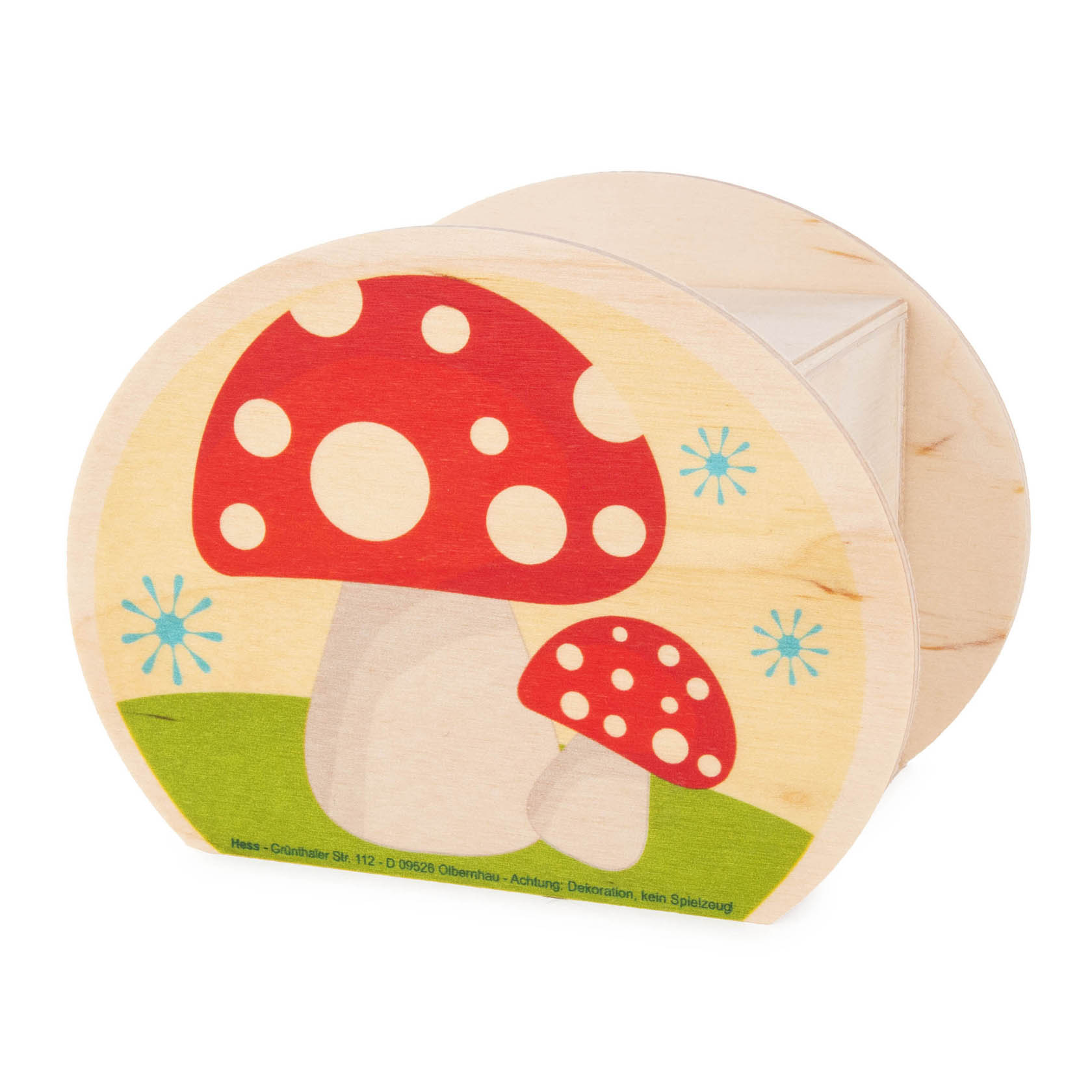 Holzspardose mit buntem Design eines Fliegenpilzes. Der größere Pilz hat einen roten Hut mit weißen Punkten, daneben ein kleinerer Pilz. im Dregeno Online Shop günstig kaufen