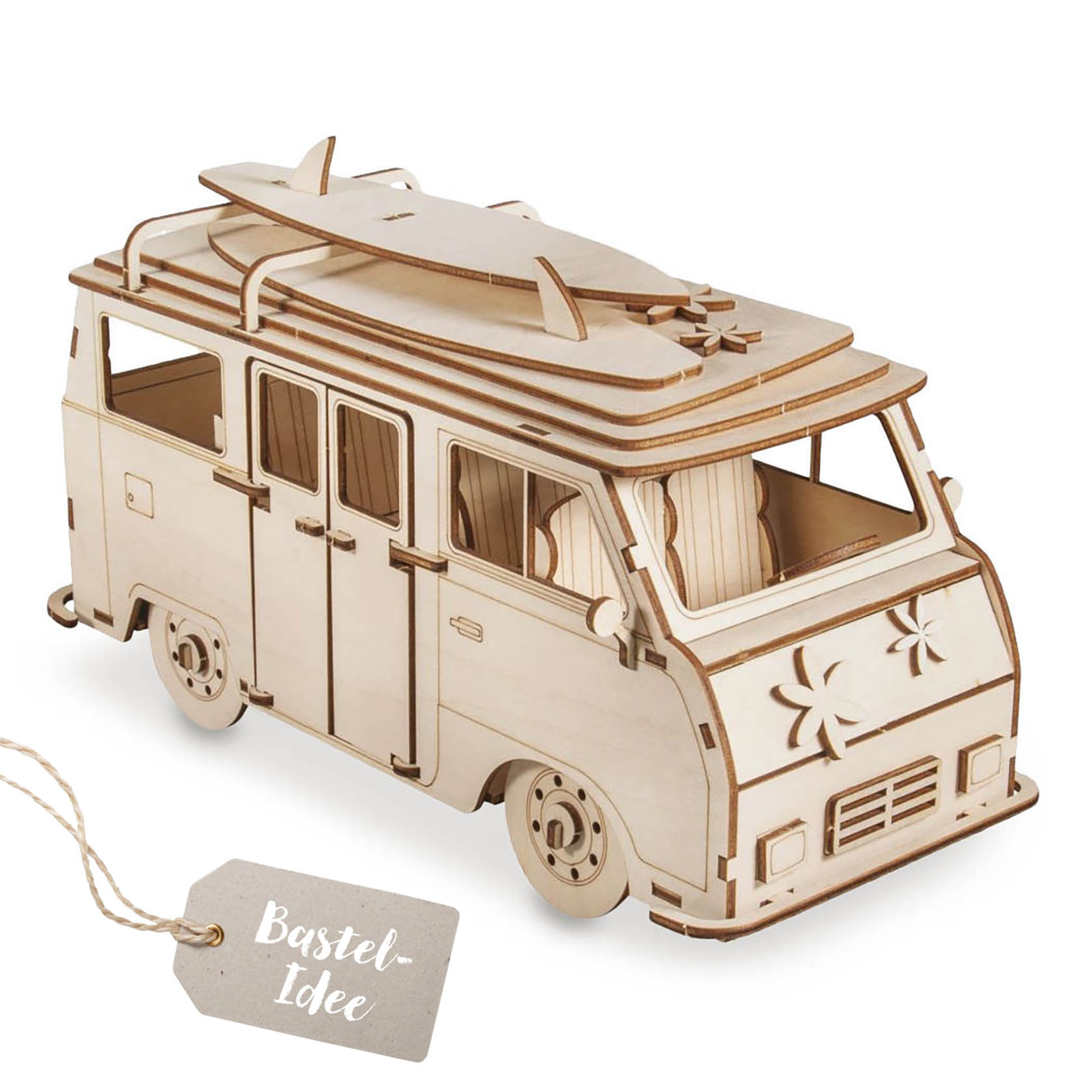 Holzbausatz eines Campingbusses mit 77 Teilen. Der naturbelassene Bus hat ein Surfbrett auf dem Dach und ist an den Seiten detailliert gestaltet. im Dregeno Online Shop günstig kaufen