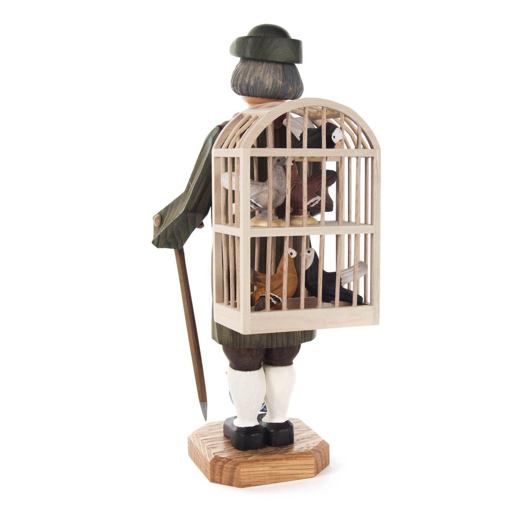 Räuchermann in grüner Tracht mit Vogelkäfig auf dem Rücken, darin hölzerne Taubenfigurinen. Er hält einen Spazierstock. Limitierte Sammlerfigur.