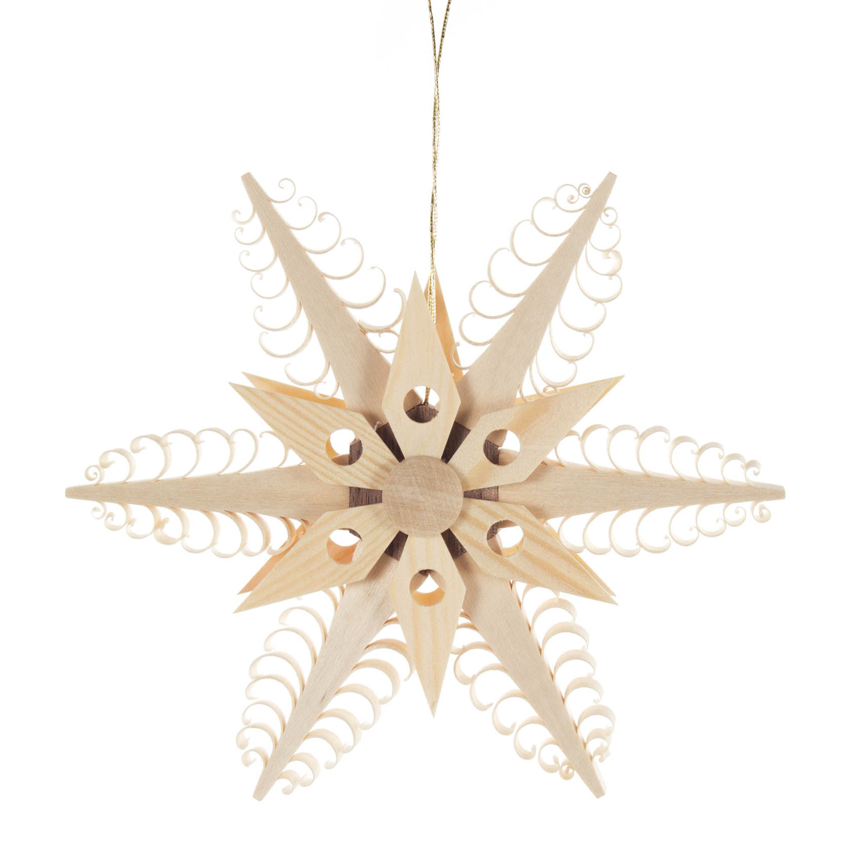 Ein kunstvoll gefertigter Spanstern aus hellem Holz mit acht spitzen Zacken, verziert mit filigran gedrechselten Spiralen und einem goldenen Faden zum Aufhängen. im Dregeno Online Shop günstig kaufen