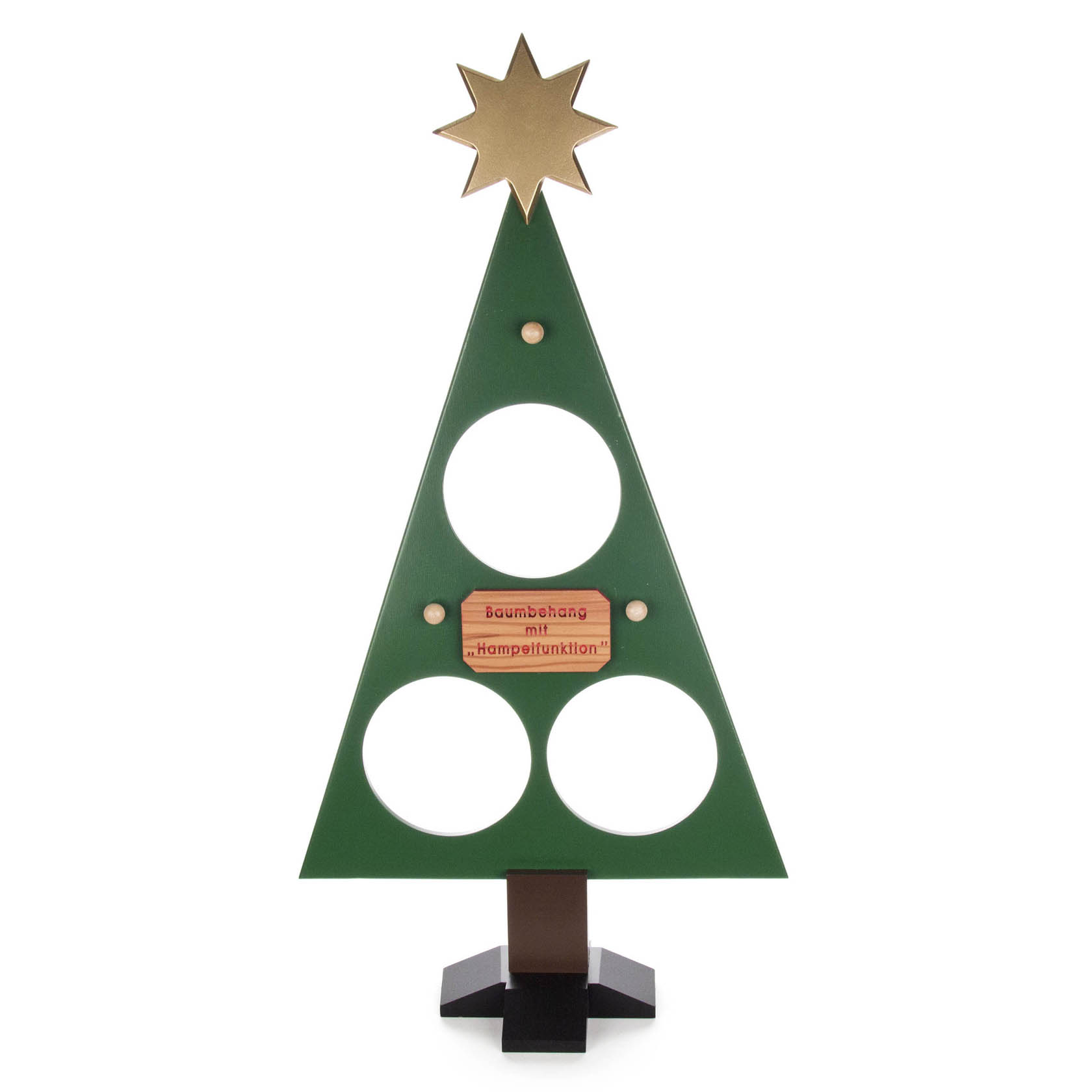 A triangular green Christmas tree decoration stand with a golden star on top. It has circular cutouts and a sign in the center. im Dregeno Online Shop günstig kaufen