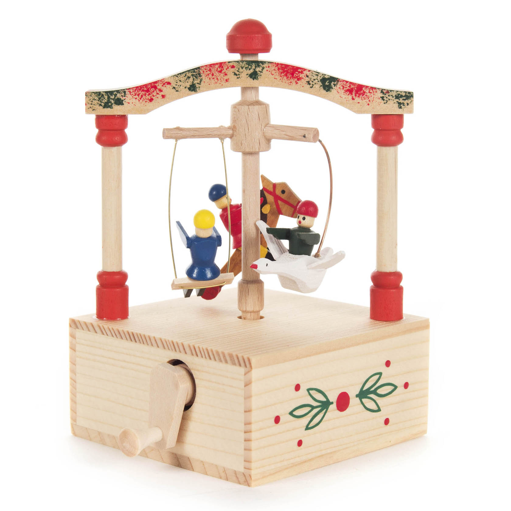 Ein aus Holz gefertigtes Spieluhr-Karussell mit handbemalten Figuren: ein gelbes Entchen, ein Kreiselpferd, eine Person in Blau und Rot, sowie eine weiße Gans. im Dregeno Online Shop günstig kaufen