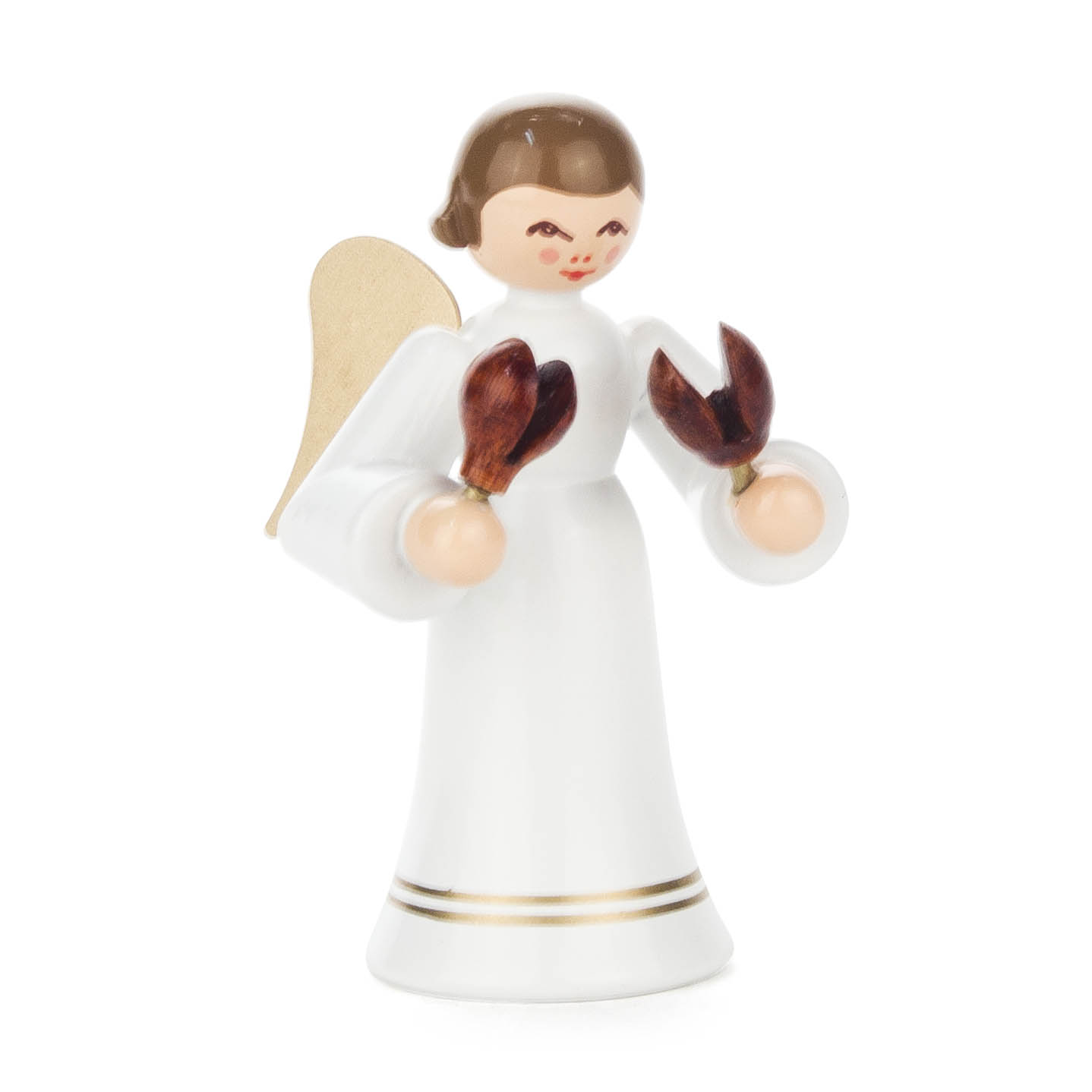 Ein Engel mit kastanienbraunen Kastagnetten in den Händen, trägt ein weißes Kleid und hat goldene Flügel. im Dregeno Online Shop günstig kaufen