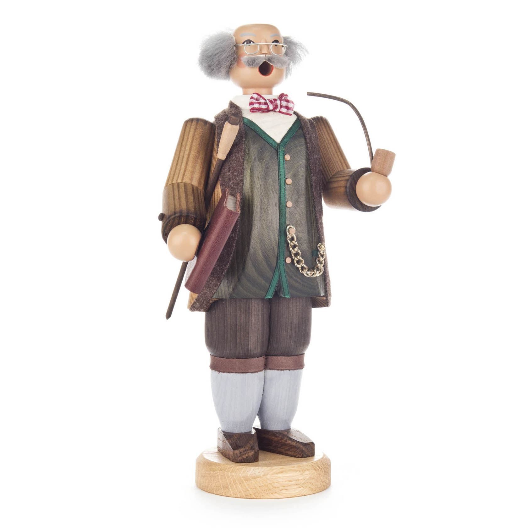Ein traditioneller Räuchermann in Form eines Lehrers. Er trägt eine Brille, eine Fliege und hält ein Buch sowie eine Pfeife in der Hand. Typische Holzfigur. im Dregeno Online Shop günstig kaufen