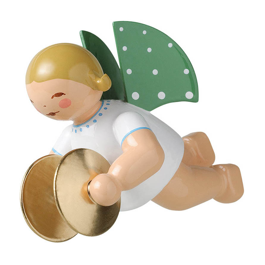 Holzengel mit goldenem Becken und grüngepunkteten Flügeln, schwebend in der Luft. im Dregeno Online Shop günstig kaufen