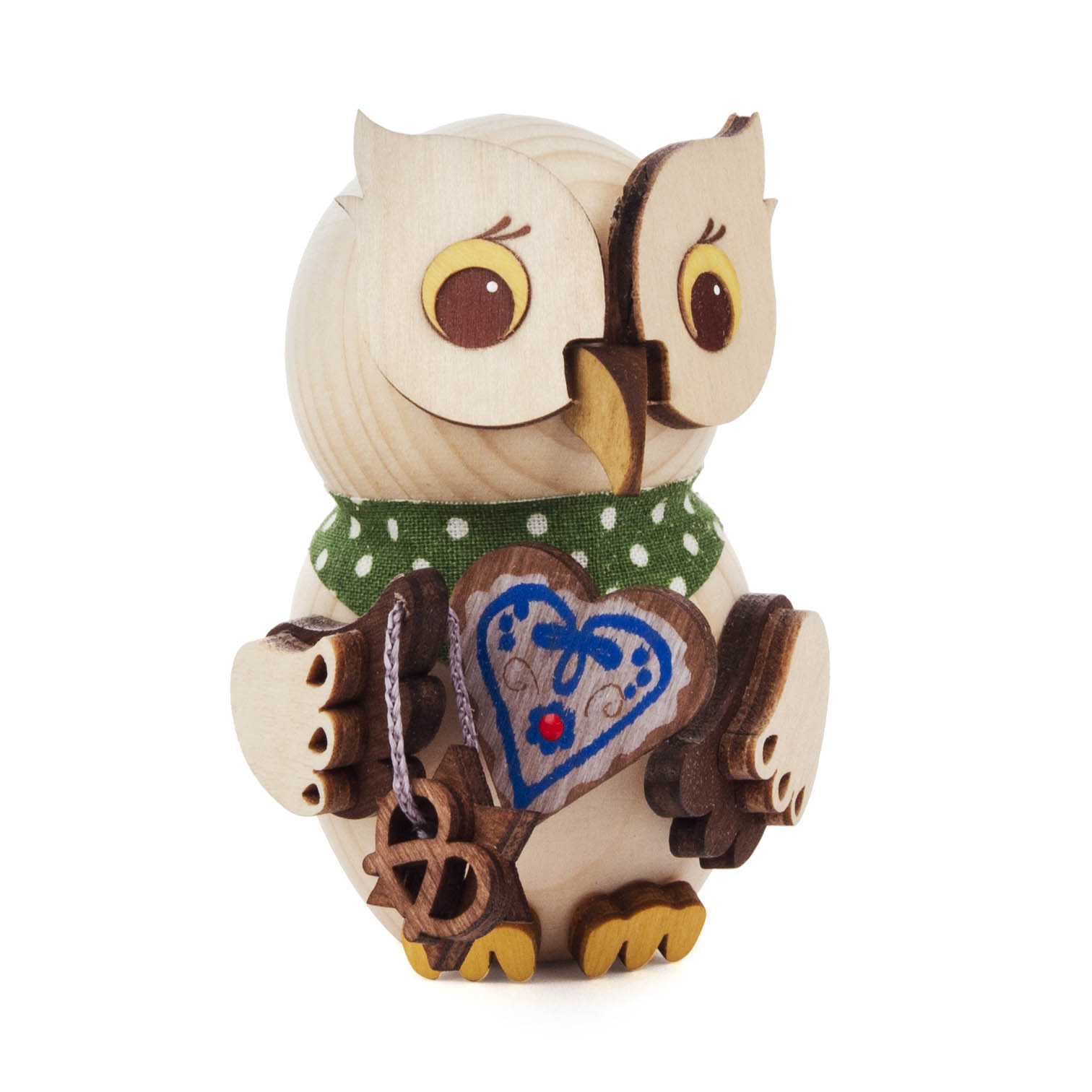 Holzeule mit grüner Schleife hält ein Lebkuchenherz und ein kleines, hölzernes Brezel in den Krallen. im Dregeno Online Shop günstig kaufen