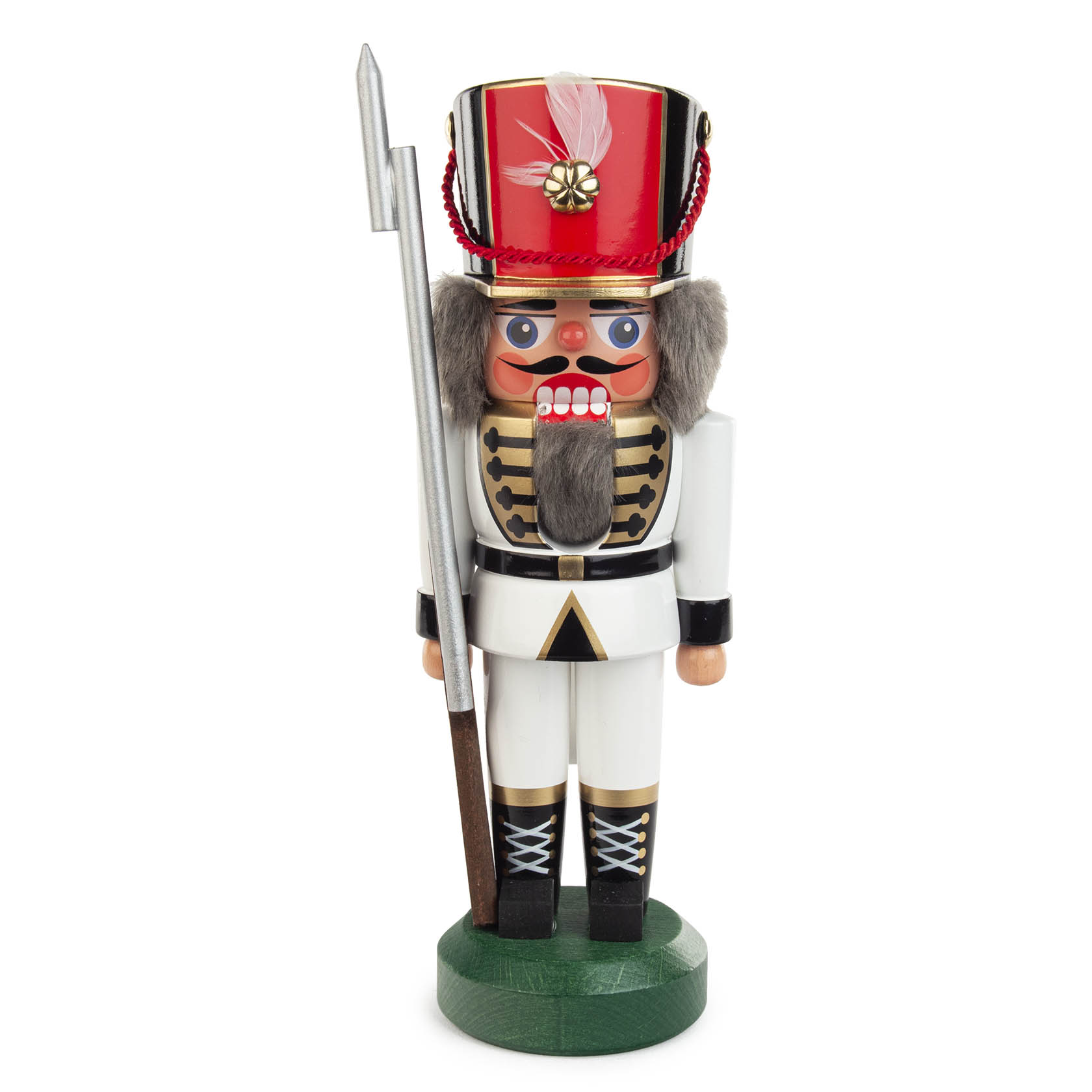 Ein Nussknacker in Form eines Soldaten, 22 cm groß, in weißer Uniform mit rotem Hut, schwarzem Gürtel, schwarzen Stiefeln und einem Gewehr in der rechten Hand. im Dregeno Online Shop günstig kaufen