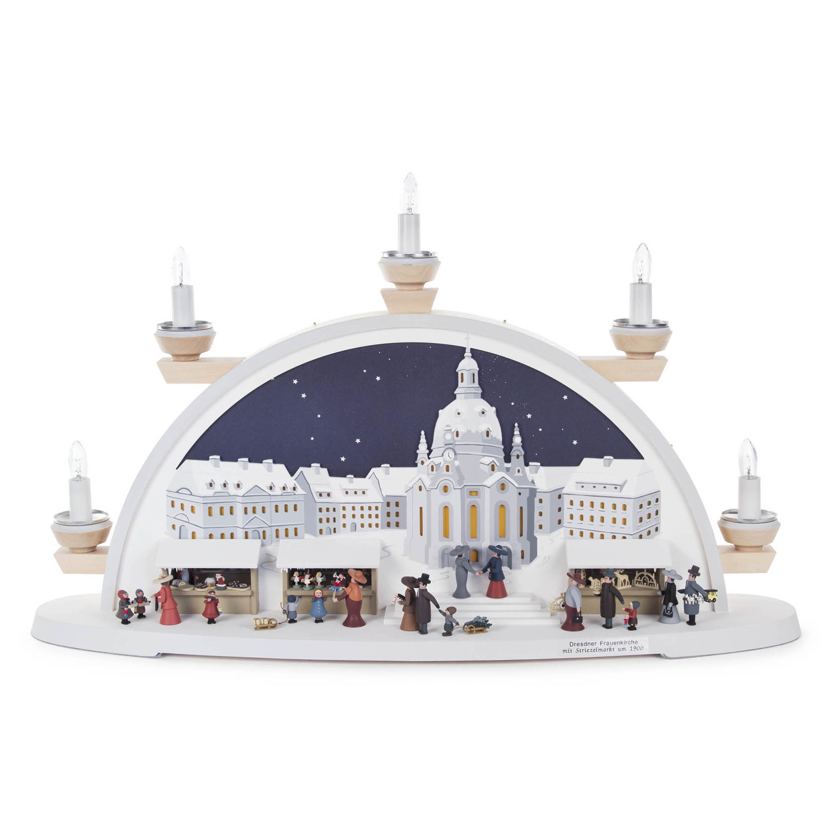 Ein Schwibbogen zeigt die Dresdner Frauenkirche um 1900. Im Vordergrund sind Figuren auf einem Weihnachtsmarkt, dekoriert mit elektrischen Kerzen. im Dregeno Online Shop günstig kaufen