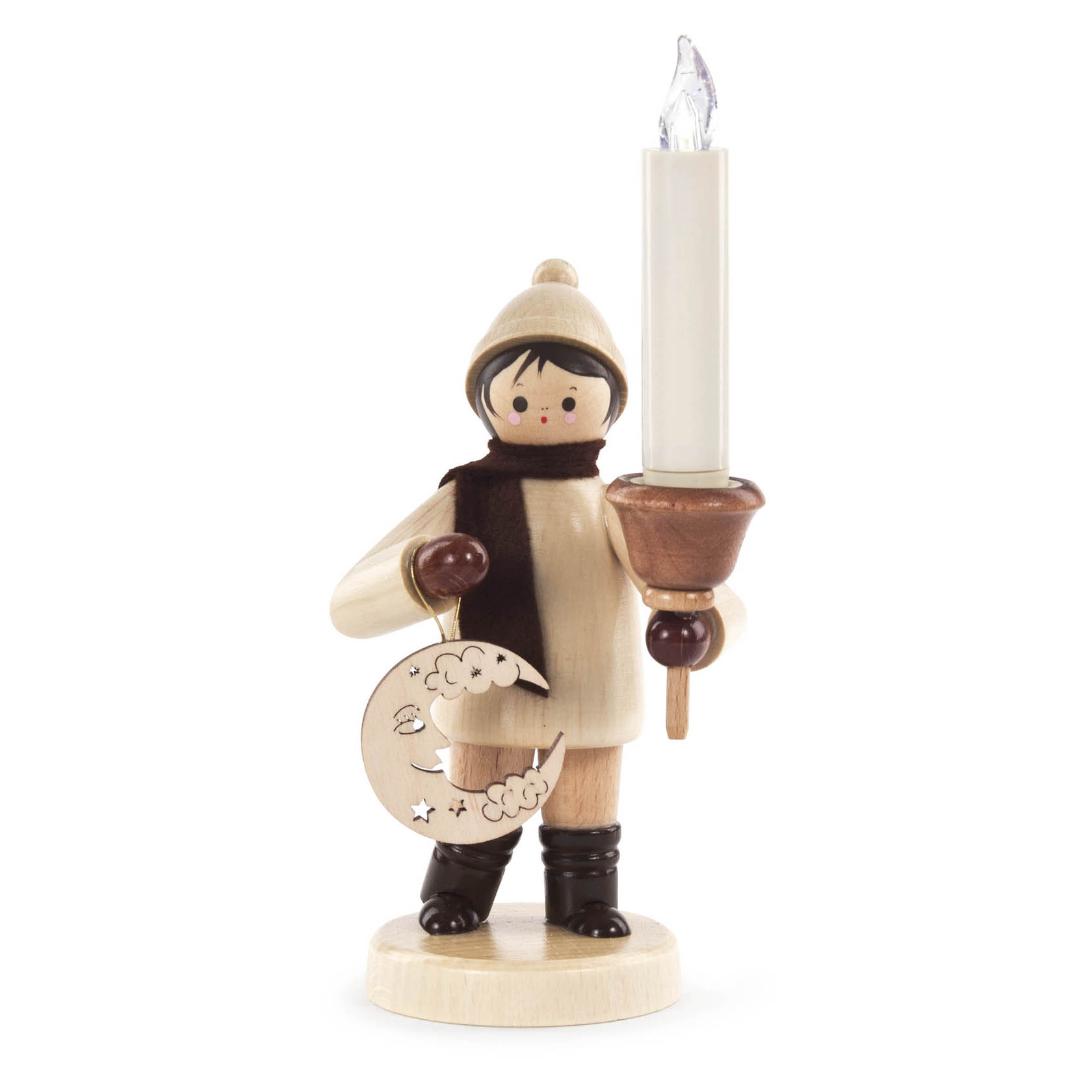Holzfigur eines Jungen mit Mütze und Schal, der eine halbmondförmige Laterne hält und eine LED-Kerze in einer Halterung trägt. im Dregeno Online Shop günstig kaufen