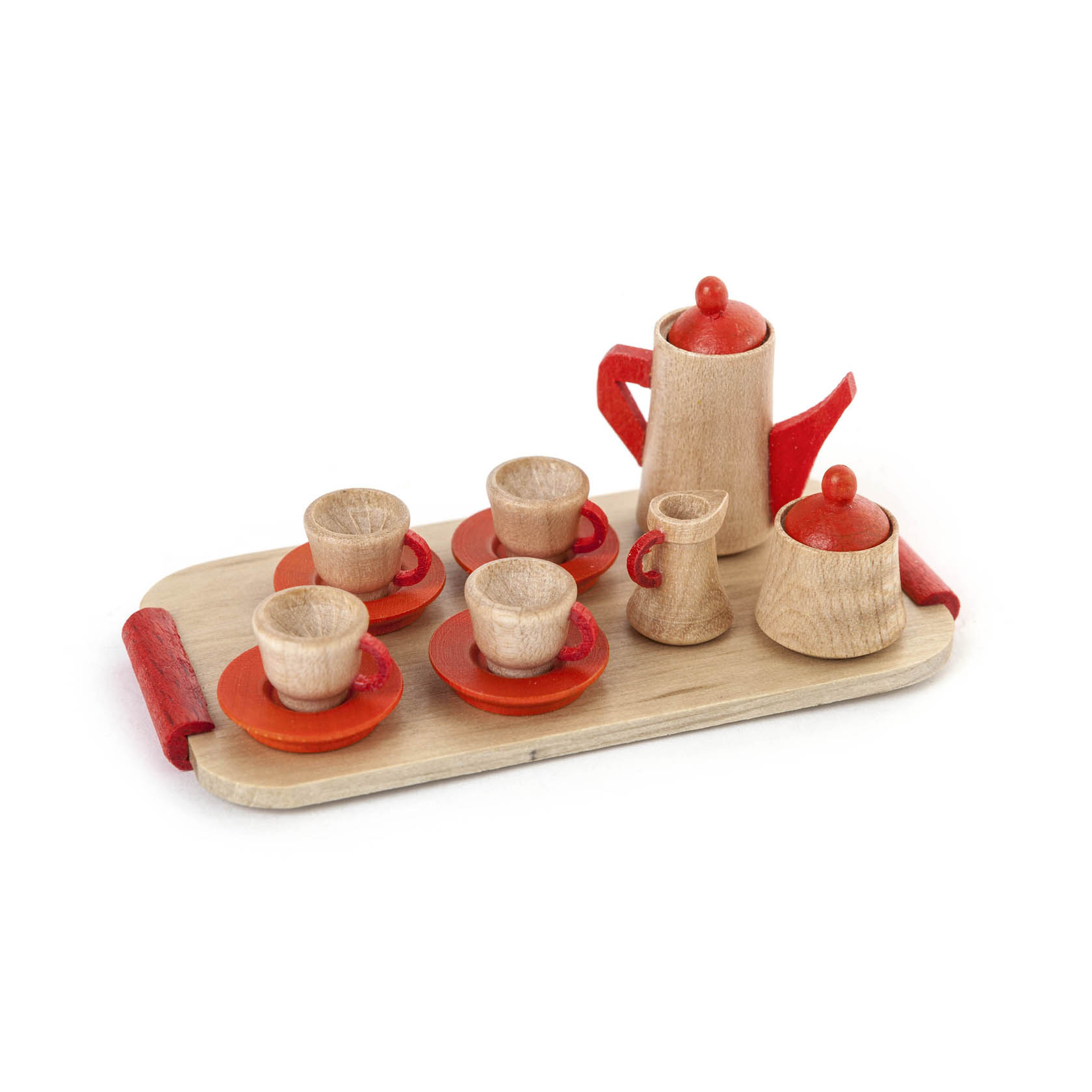 Miniatur-Kaffeeservice aus Holz auf einem Tablett, bestehend aus einer Kaffeekanne, zwei Zuckerdosen, vier Tassen auf Untertassen, teils rot bemalt. im Dregeno Online Shop günstig kaufen
