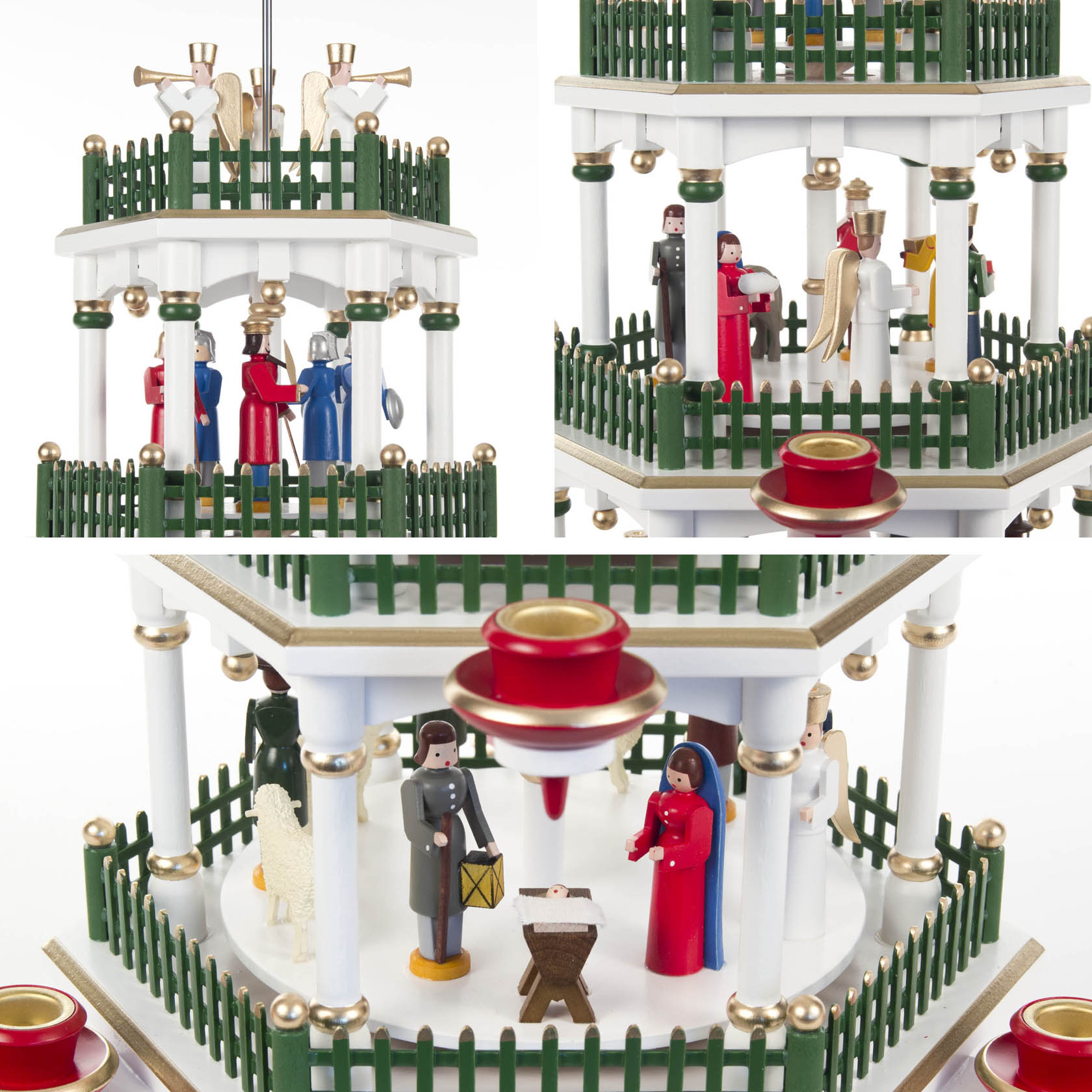 Weiße, dreistöckige Weihnachtspyramide mit Szenen der Geburt Christi. Figuren der Heiligen Familie, Engel und Musiker auf verschiedenen Ebenen, umgeben von grünem Zaun.