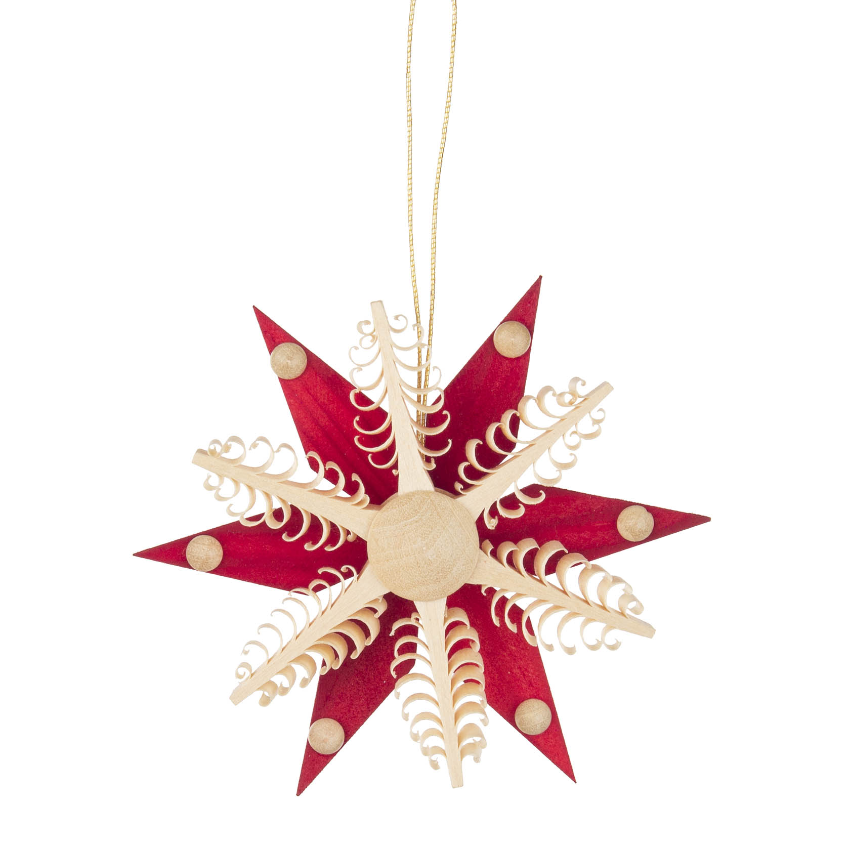 Roter und naturbelassener Holzstern als Baumbehang, verziert mit kleinen Spiralen und aufgehängt an einem goldenen Faden. im Dregeno Online Shop günstig kaufen