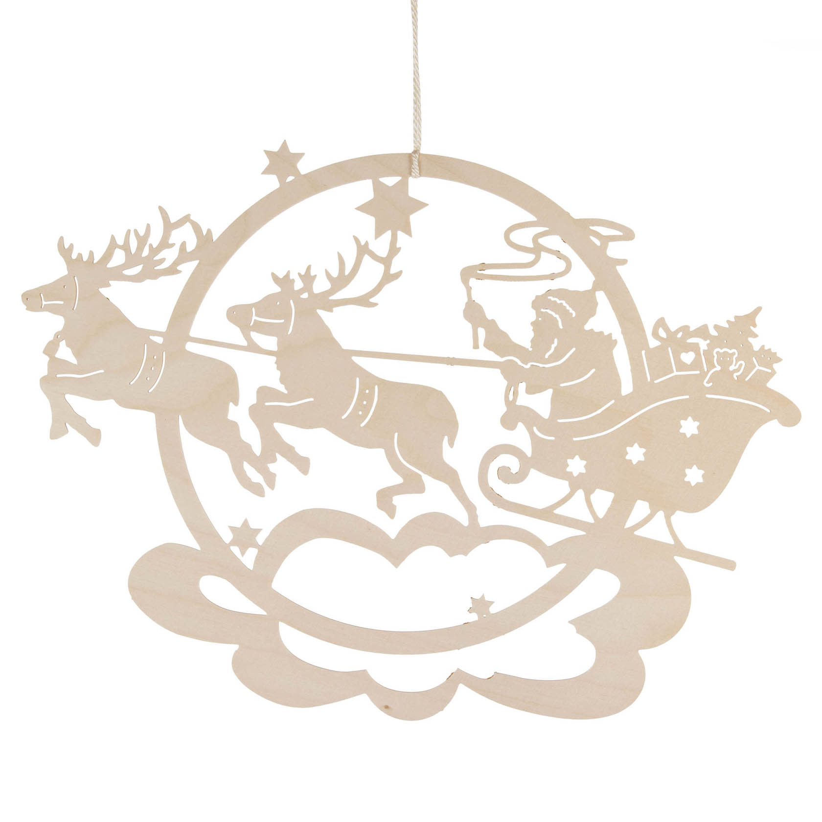 Fensterbild aus Holz mit einem Rentierschlitten, in dem der Weihnachtsmann sitzt und Geschenke transportiert, gezogen von zwei Rentieren. im Dregeno Online Shop günstig kaufen