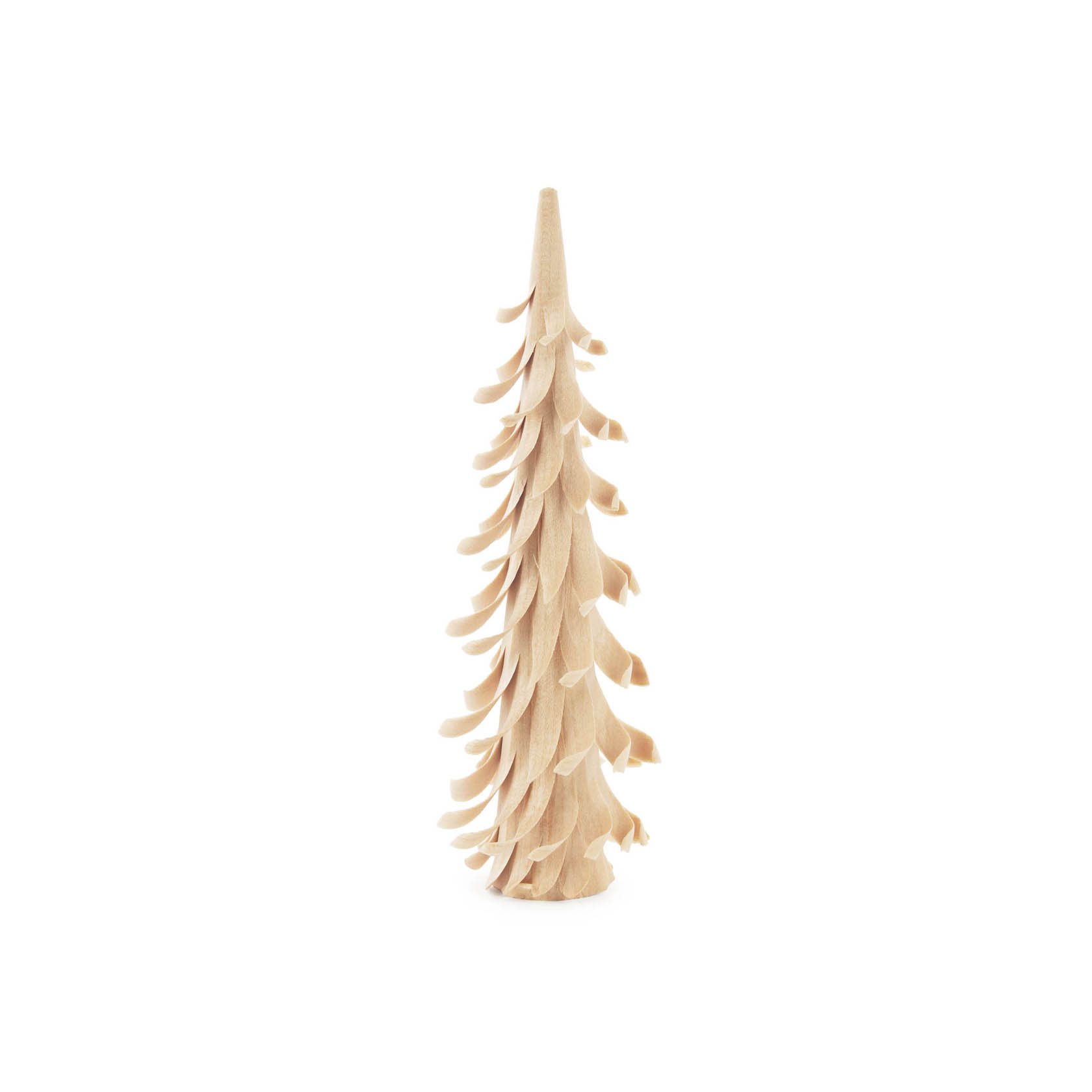 Ein dekorativer, naturfarbener Holzbaum mit spiralförmig angeordneten Ästen, 17 cm hoch. Der Baum hat eine schlanke, konische Form und eine glatte Oberfläche. im Dregeno Online Shop günstig kaufen