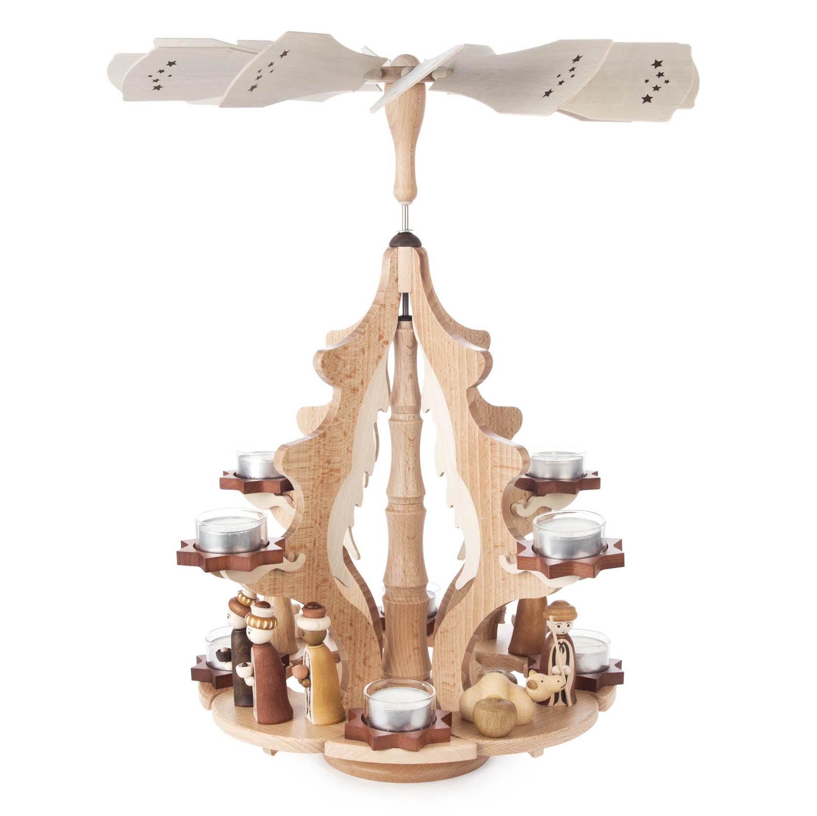 Ein hölzerner Weihnachtskranz in Form einer Pyramide, verziert mit Figuren der Christi Geburt und Teelichthaltern auf mehreren Ebenen. im Dregeno Online Shop günstig kaufen