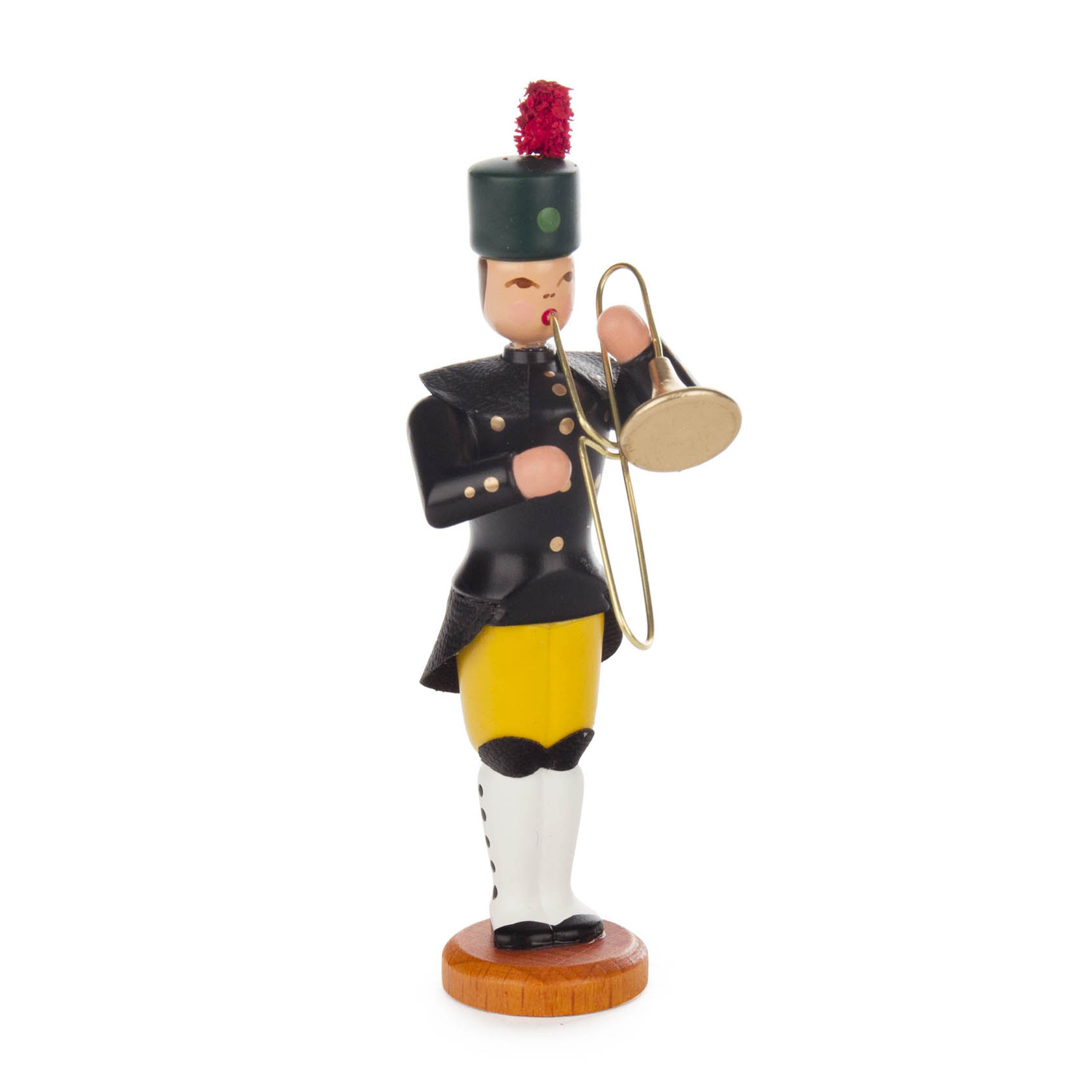 Holzfigur eines Bergmanns mit schwarzer Uniform, gelber Hose und grüner Mütze mit Puschel, der eine Posaune spielt. im Dregeno Online Shop günstig kaufen