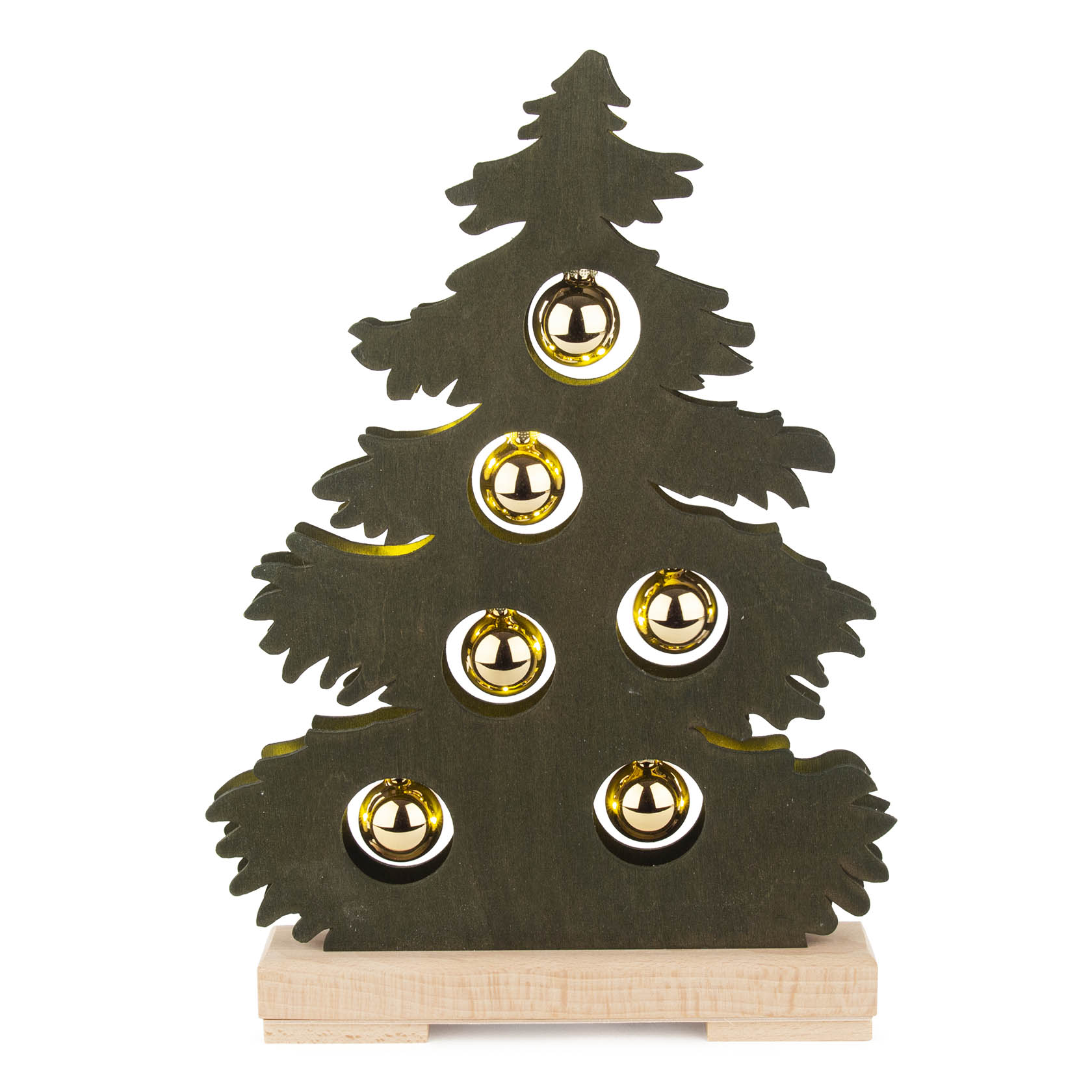 Holztanne, grün gebeizt, mit goldenen Kugeln und 10er LED-Lichterkette, USB-betrieben, auf Holzbasis. im Dregeno Online Shop günstig kaufen