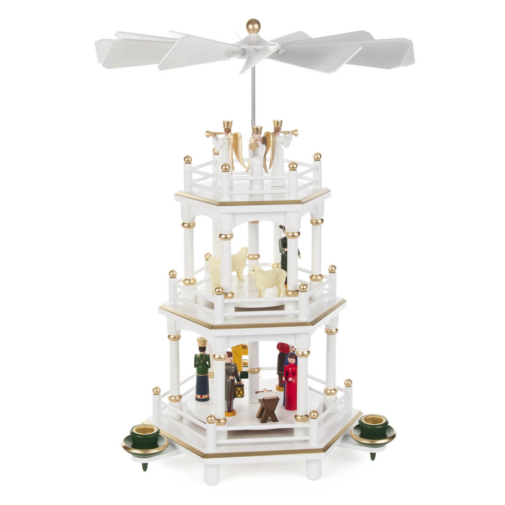 Weiße, zweistöckige Weihnachtspyramide mit Krippenfiguren auf der unteren Ebene und Engeln auf der oberen Ebene. Für Kerzen mit einem Durchmesser von 14mm. im Dregeno Online Shop günstig kaufen