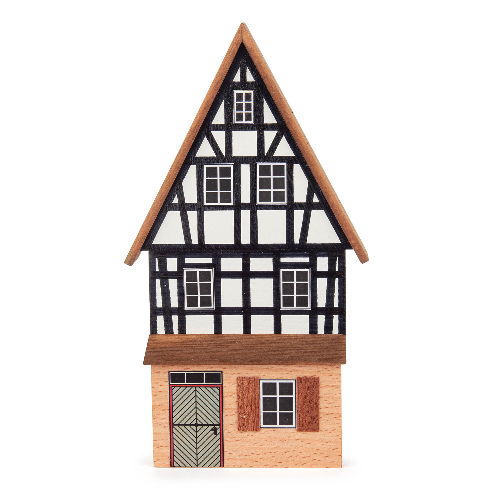 Holzminiatur eines zweistöckigen Giebelhauses mit Fachwerk, roter Tür und einem Fenster im Erdgeschoss. im Dregeno Online Shop günstig kaufen