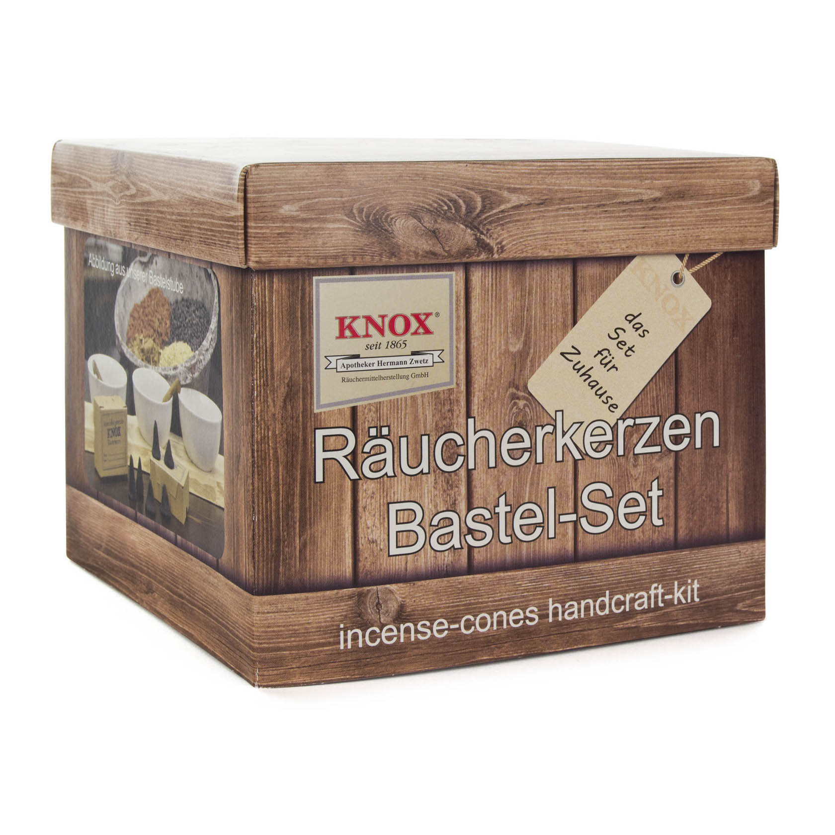 KNOX Räucherkerzen-Bastelset, eine quadratische Box mit Holzdesign-Aufdruck und Zutatenbildern auf der Verpackung.