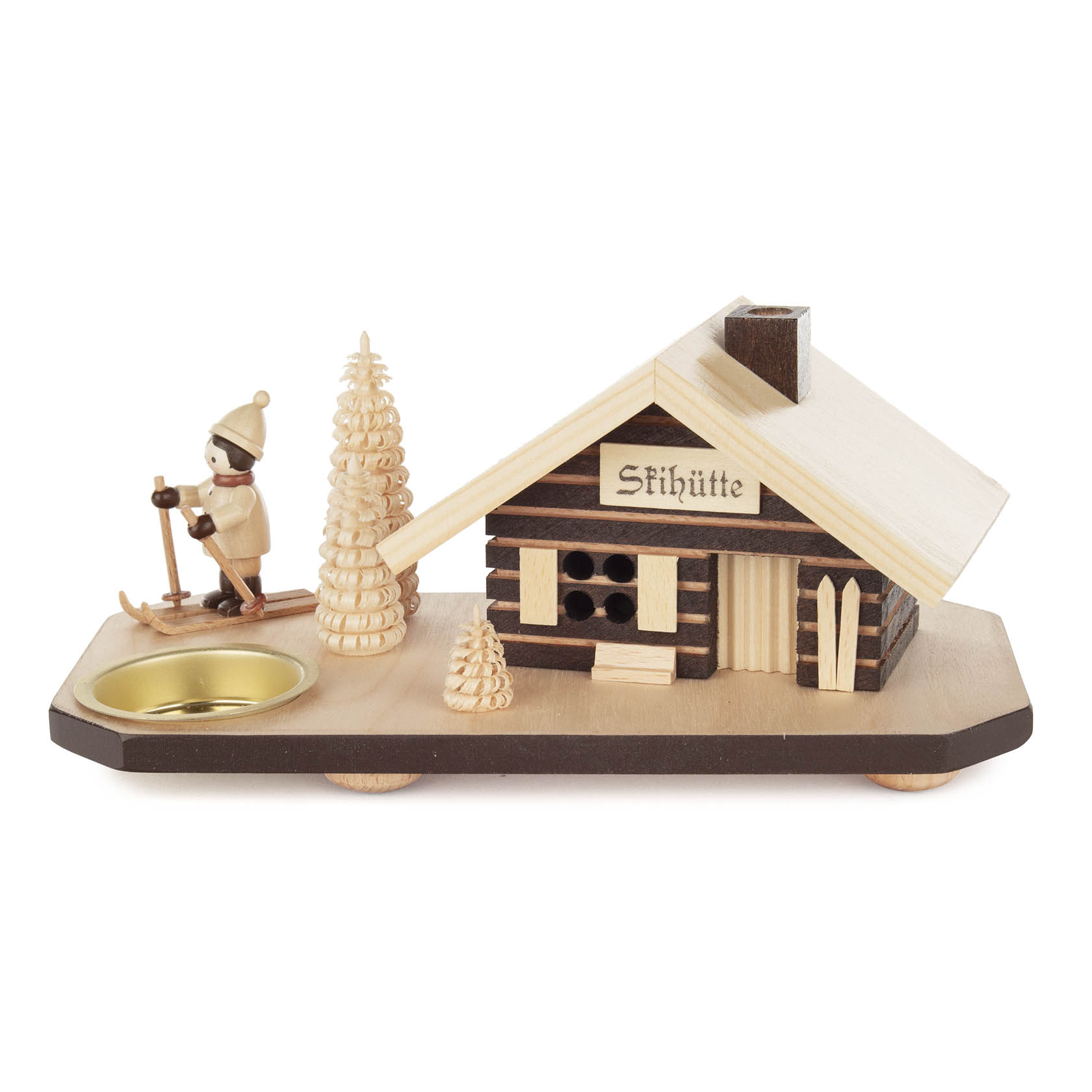 Dekoratives Räucherhaus als Skihütte aus Holz mit Skifahrerfigur und Teelichthalter. Details wie Bäume und Schneeoptik geben eine winterliche Stimmung. im Dregeno Online Shop günstig kaufen