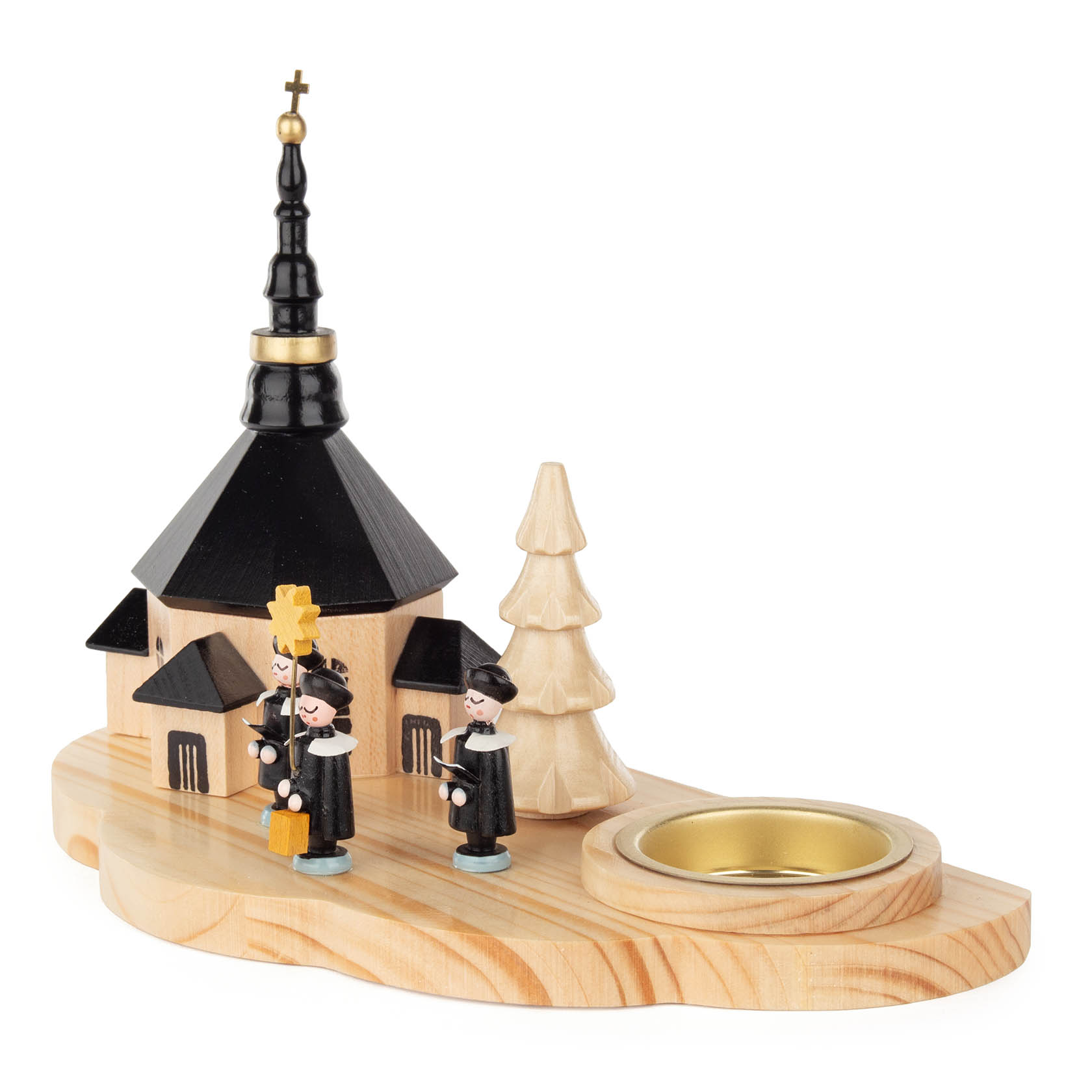Teelichthalter mit Seiffener Kirche und Kurrende dunkel/natur