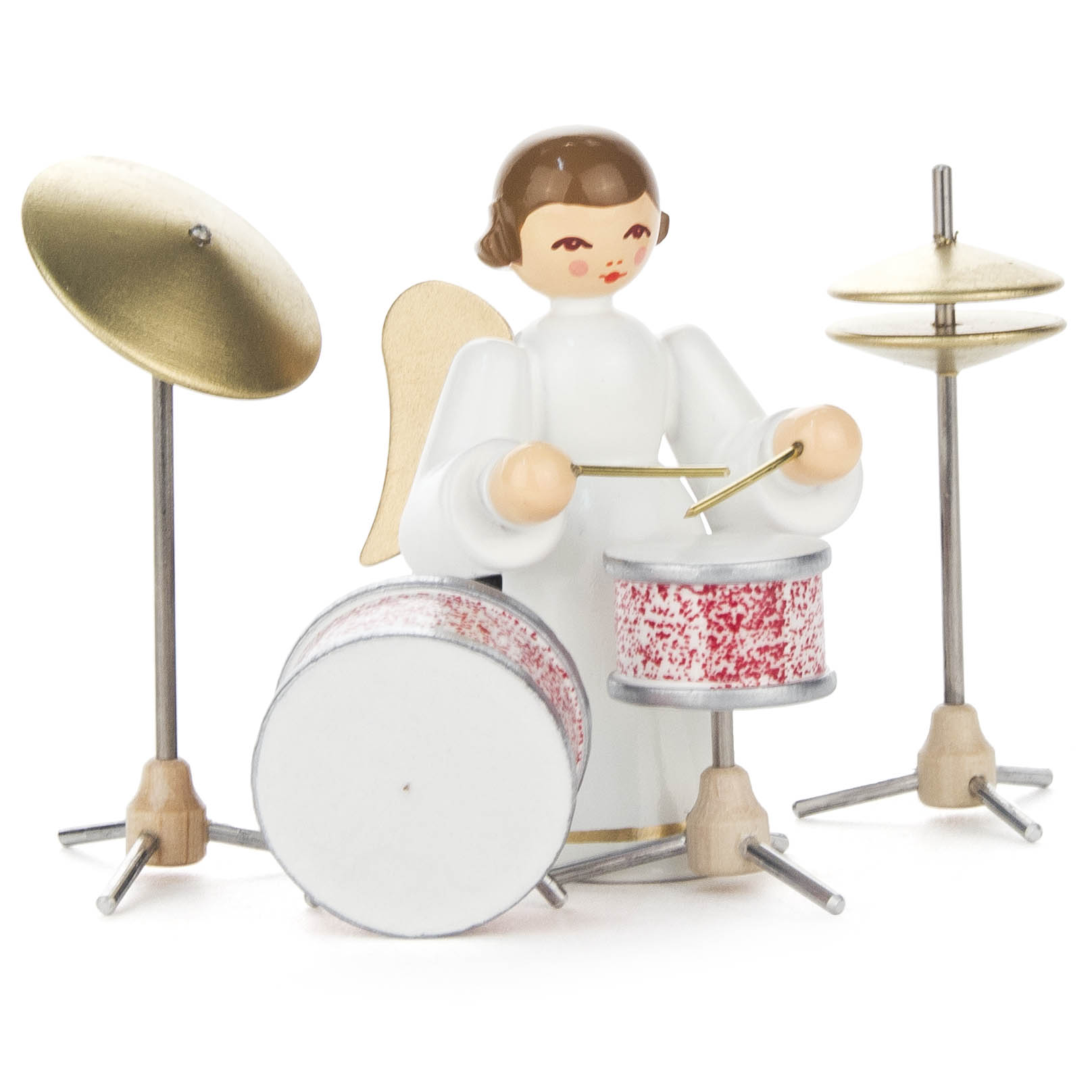 Engelfigur in weißem Gewand mit goldenem Heiligenschein spielt Schlagzeug, bestehend aus Bassdrum, Snare und Becken. im Dregeno Online Shop günstig kaufen
