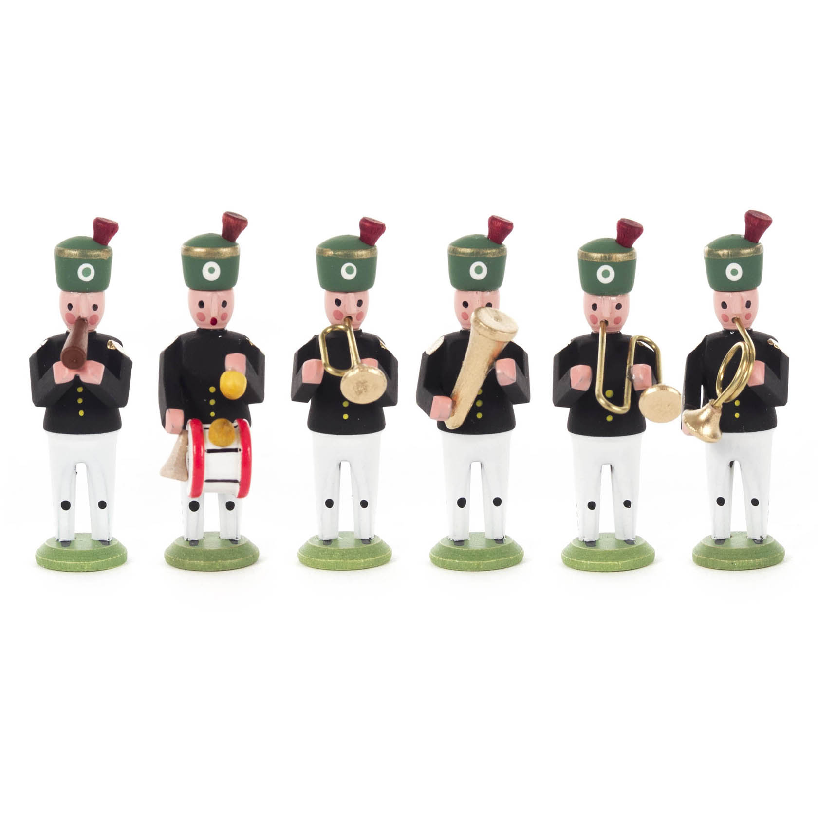Sechs Miniatur-Bergleute in schwarzer Uniform mit grüner Mütze, die Musikinstrumente wie Trompete, Horn und Trommel spielen. im Dregeno Online Shop günstig kaufen