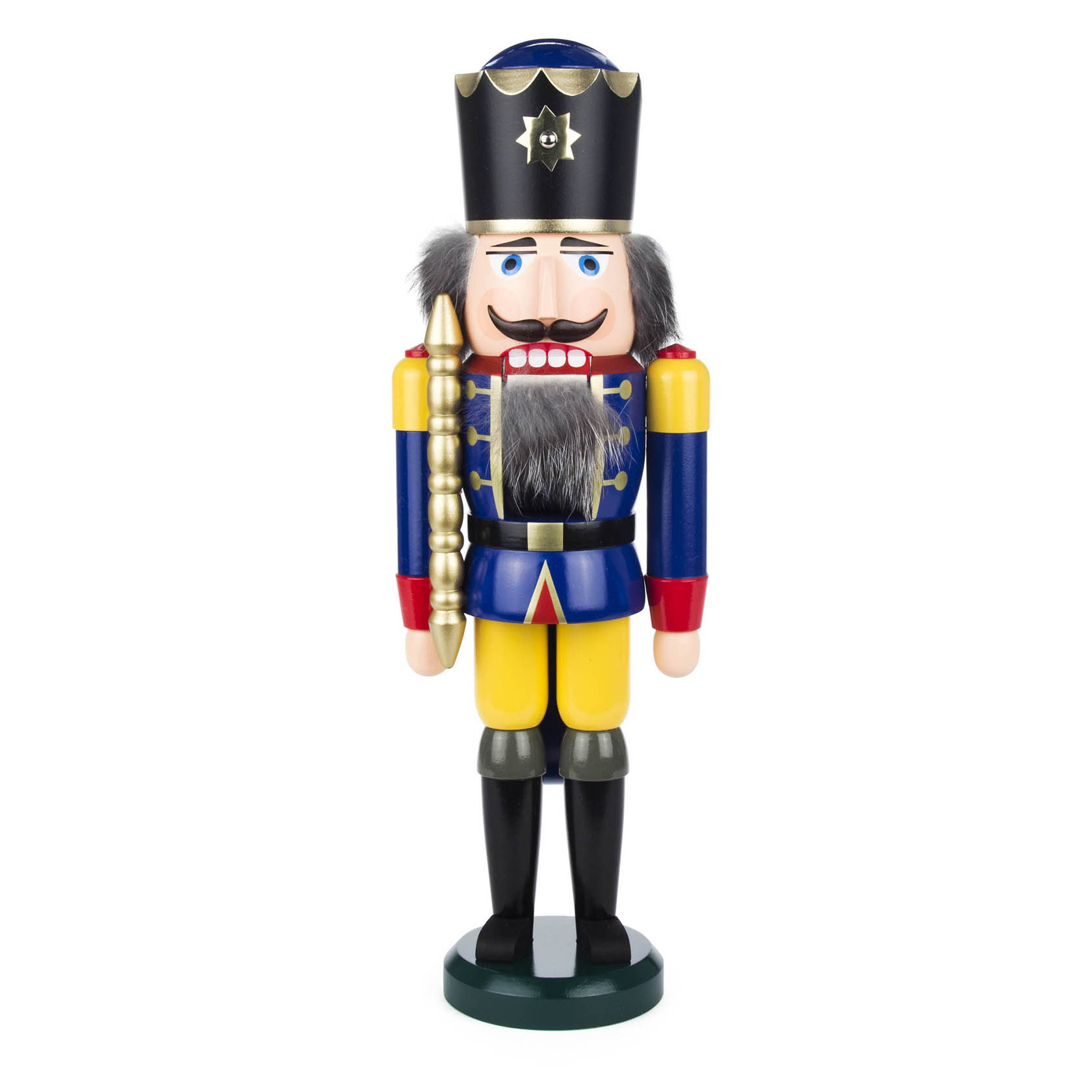 Ein 39 cm großer Nussknacker in blau-gelben Uniformfarben. Er trägt eine Krone und hält einen goldenen Stab. Der Nussknacker hat einen markanten Schnurrbart. im Dregeno Online Shop günstig kaufen