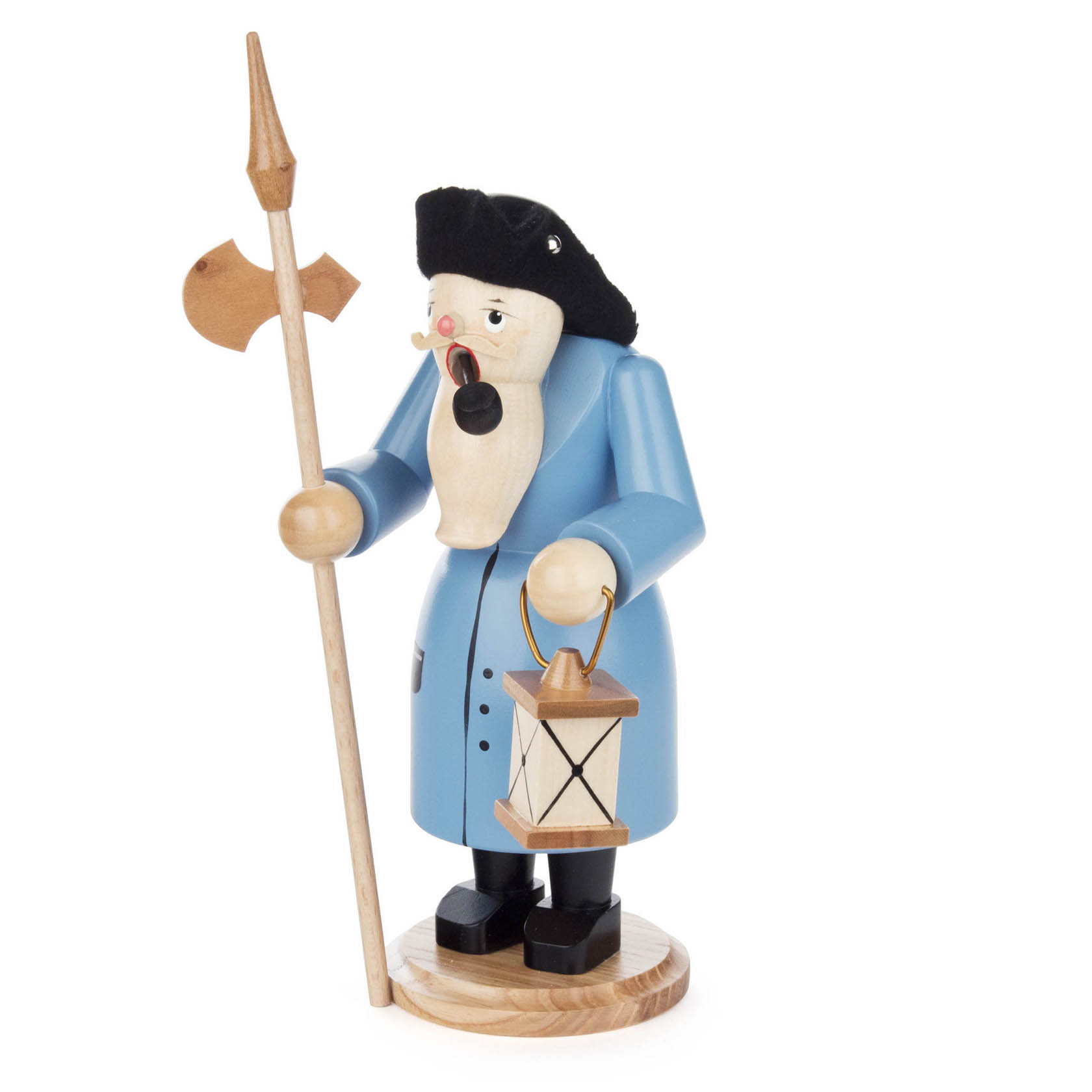 Ein traditioneller Räuchermann in der Form eines Nachtwächters, trägt einen blauen Mantel und hält eine Laterne sowie eine Hellebarde. im Dregeno Online Shop günstig kaufen