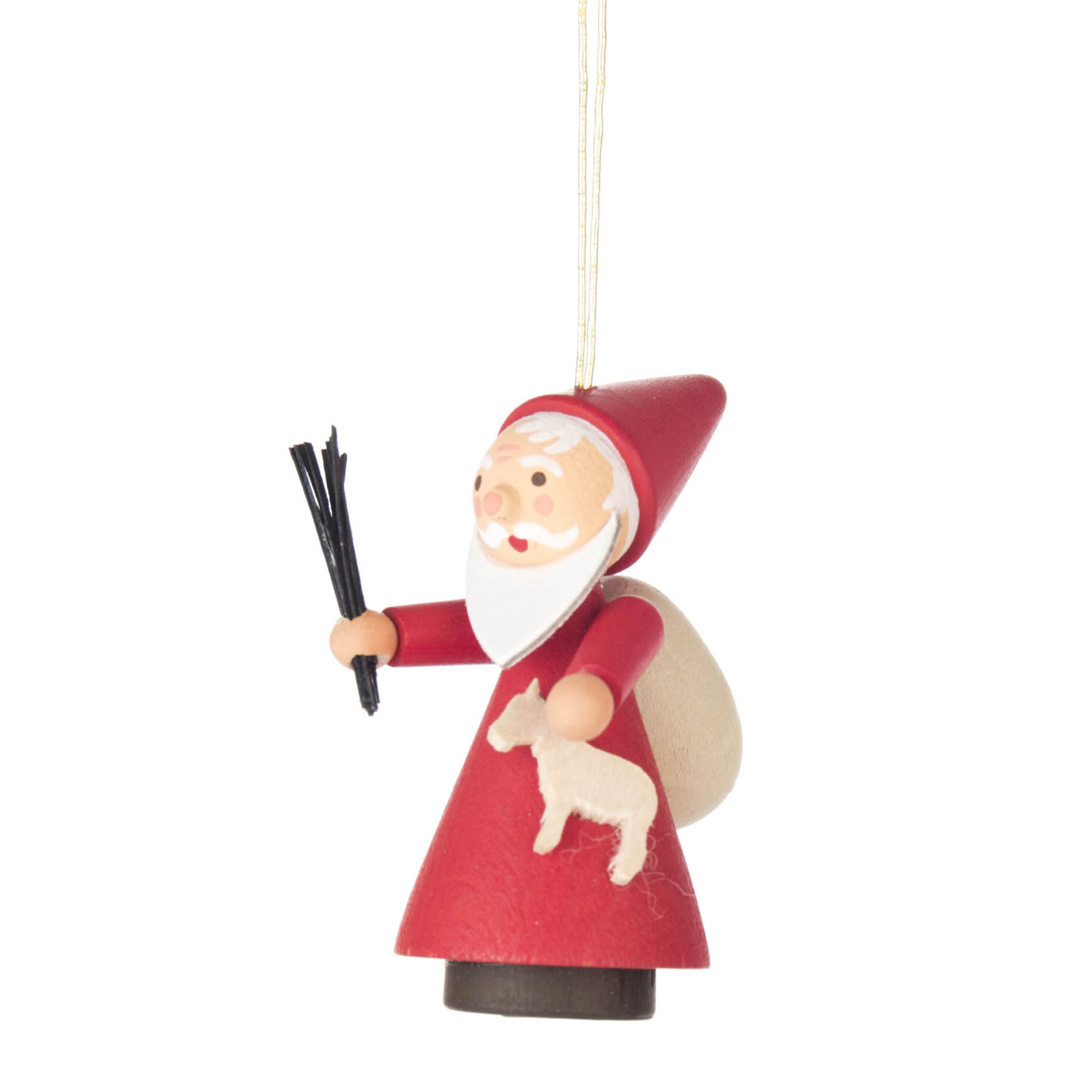 Holzfigur von Ruprecht in roter Kleidung, mit weißem Bart, hält eine Rute und trägt einen Sack auf dem Rücken. Ein kleines Schaf ist an seiner Seite. im Dregeno Online Shop günstig kaufen