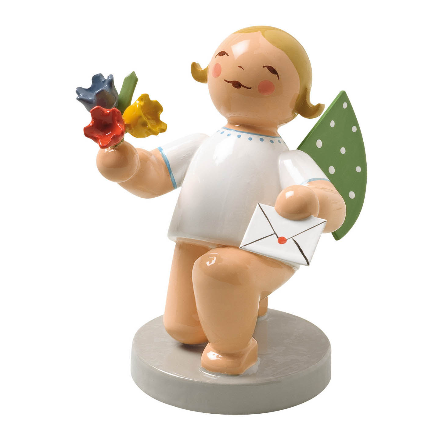 Figur eines Engels mit grünen Flügeln, der auf einem Knie kniet, einen Blumenstrauß und einen Brief in den Händen haltend. im Dregeno Online Shop günstig kaufen